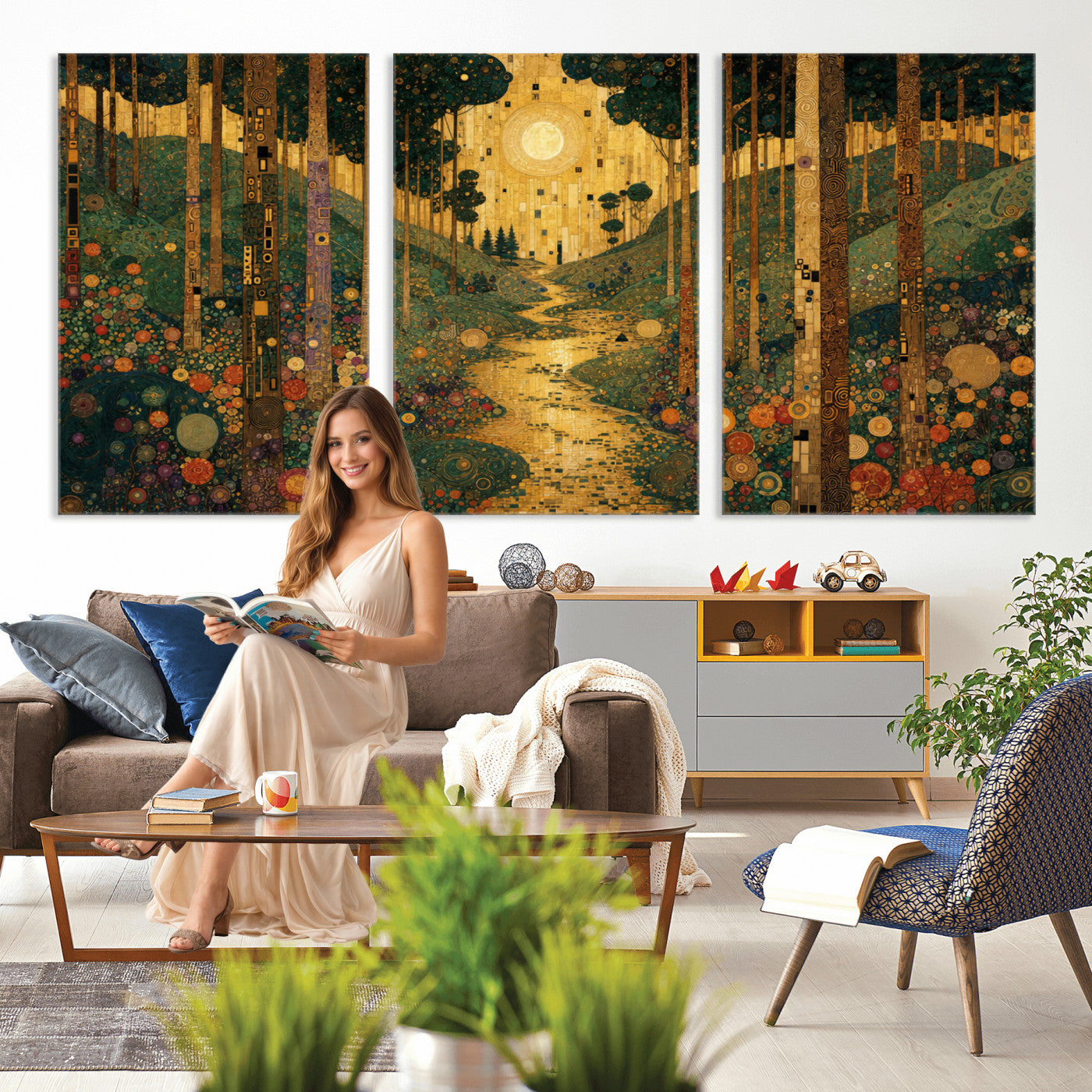 79483321GS-MGV-CV-48X32-3P - Gustav Klimt Style Forest Canvas Wall Art, Golden Forest Path Floral Art Nouveau Print, Enchanted Woodland Decor