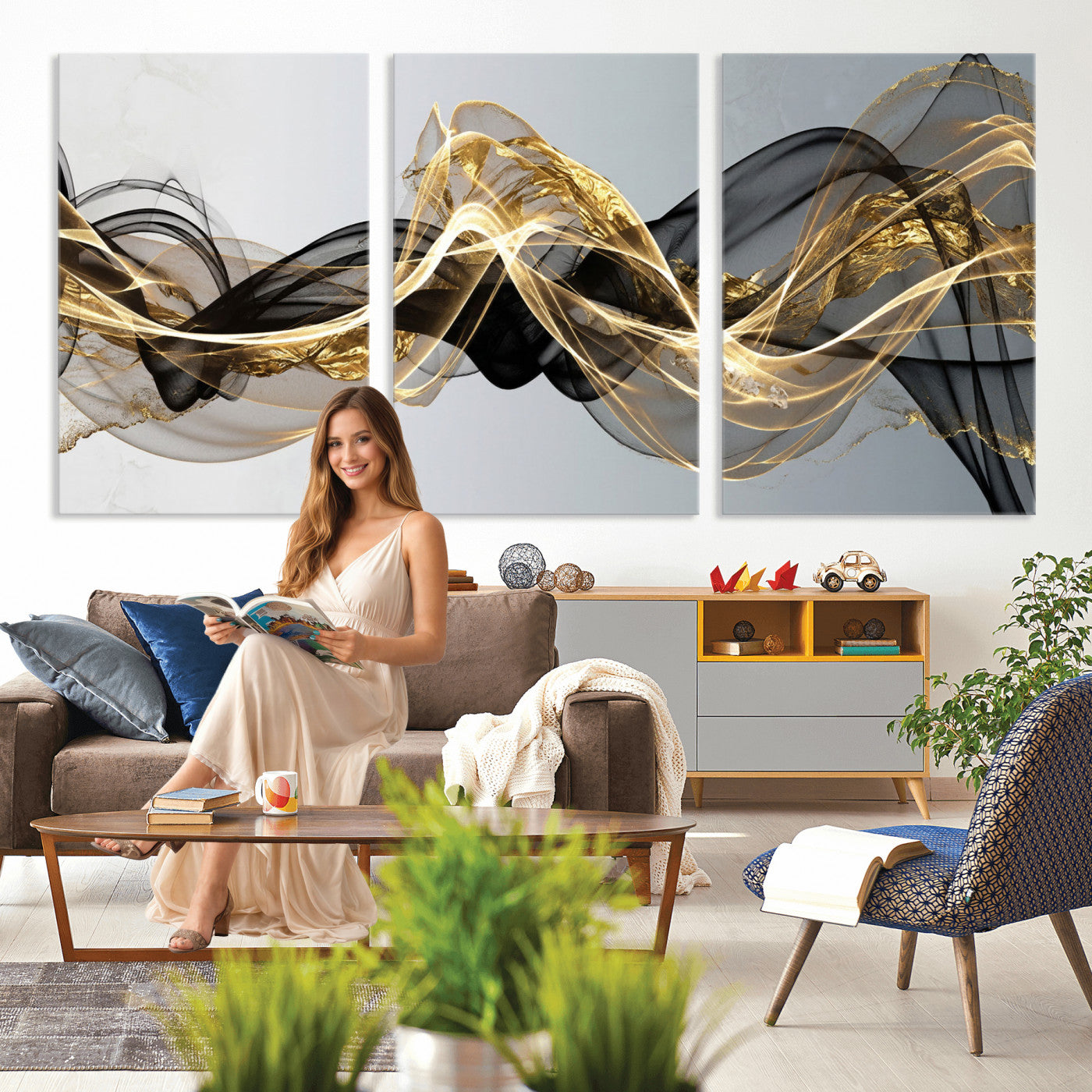 79483321DL-MGV-CV-36X24 - Black and Gold Abstract Wall Art, Modern Wave Canvas Print, Elegant Flowing Smoke Art, Luxury Living Room Decor
