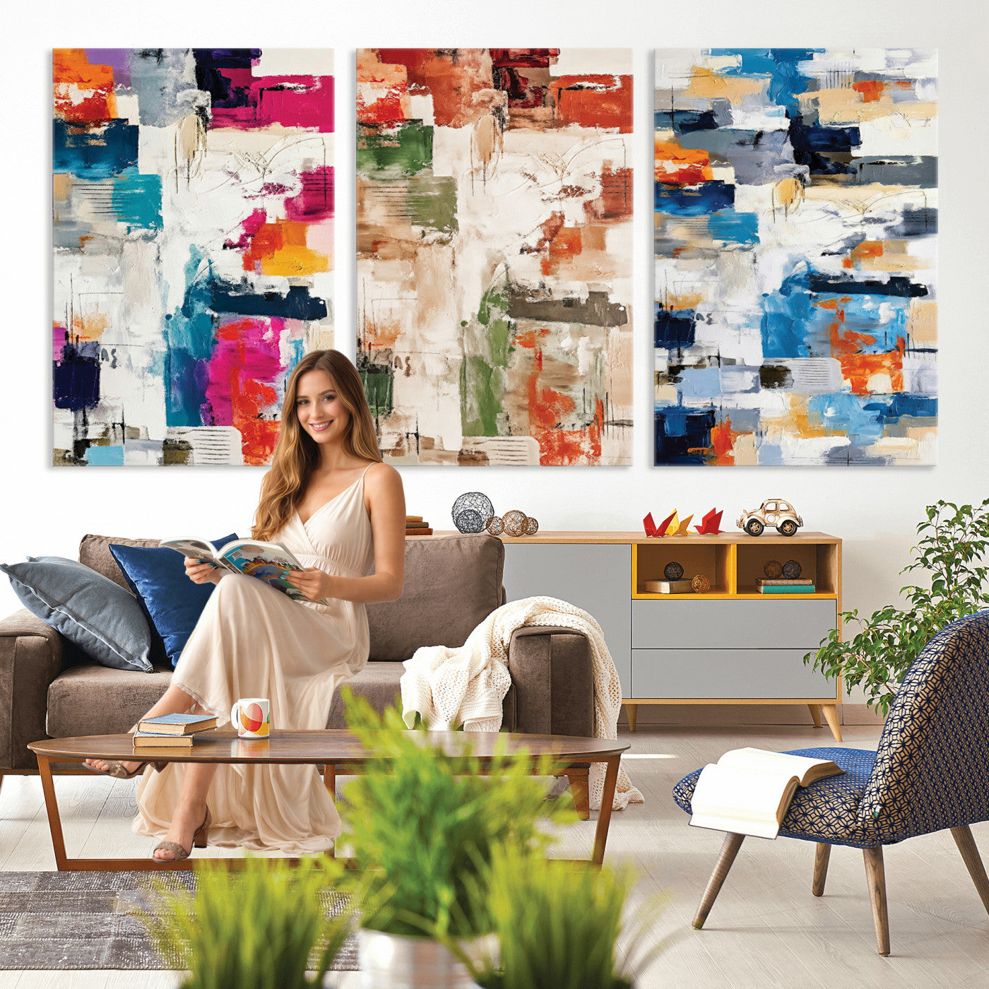 33267833-MGV-CV-60X30-3P - Blue Teal Abstract Canvas Wall Art, Modern Textured Painting Print, Navy Orange White Contemporary Art, Neutral Living Room Decor, Office Art