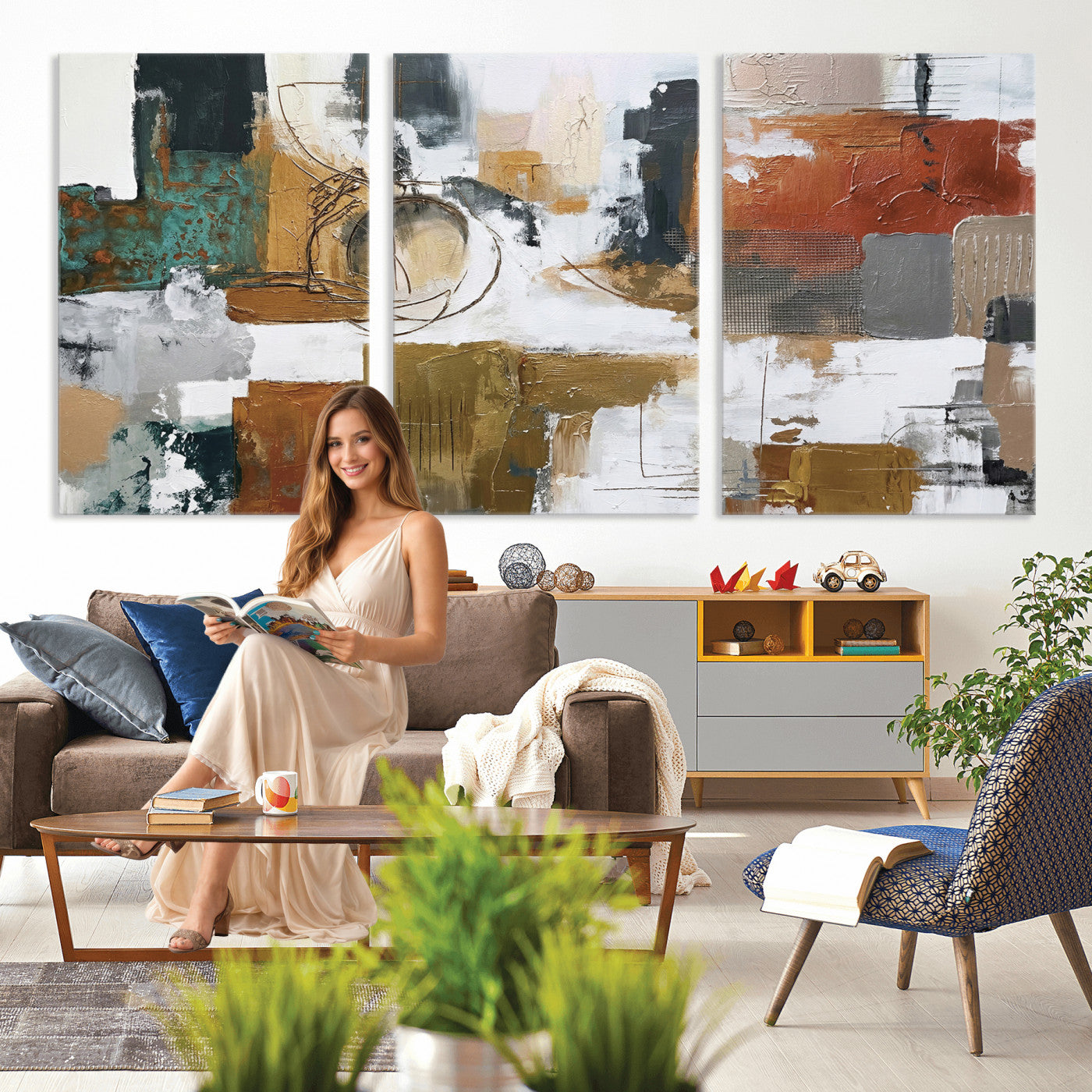50720312-MGV-CV-36X24 - Blue Teal Abstract Canvas Wall Art, Modern Textured Painting Print, Navy Orange White Contemporary Art, Neutral Living Room Decor, Office Art