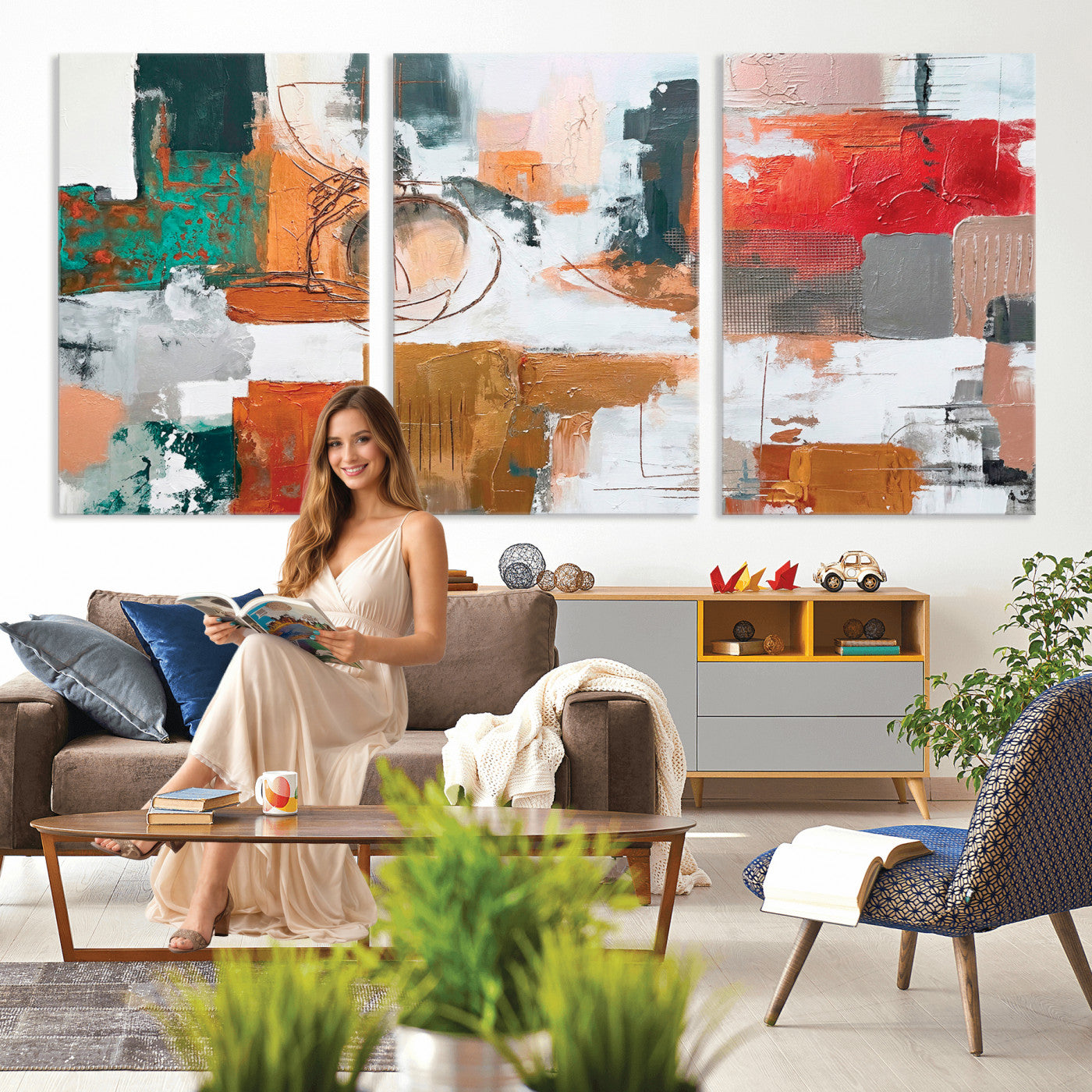 50720312-MGV-CV-36X24 - Blue Teal Abstract Canvas Wall Art | Modern Textured Painting Print, Navy Orange White Contemporary Art, Neutral Living Room Decor, Office Art.