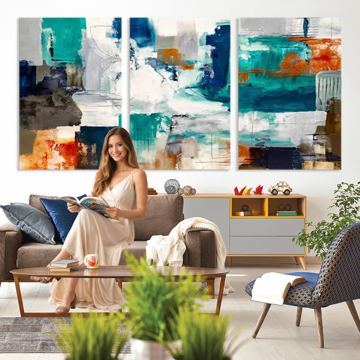 44038089-MGV-CV-36X24 - Blue Teal Abstract Canvas Wall Art, Modern Textured Painting Print, Navy Orange White Contemporary Art, Neutral Living Room Decor, Office Art