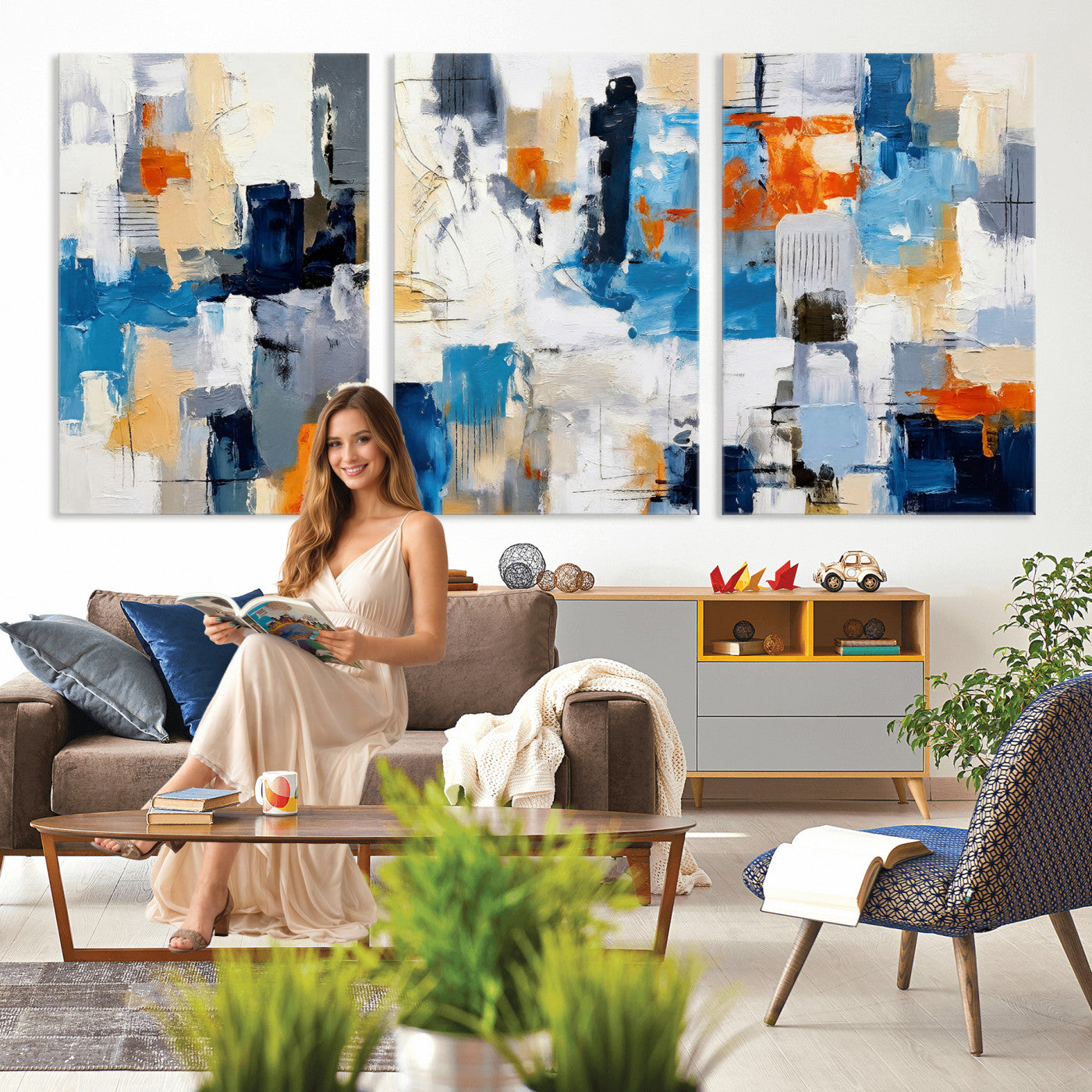 83915061-MGV-CV-36X24 - Blue Teal Abstract Canvas Wall Art, Modern Textured Painting Print, Navy Orange White Contemporary Art, Neutral Living Room Decor, Office Art