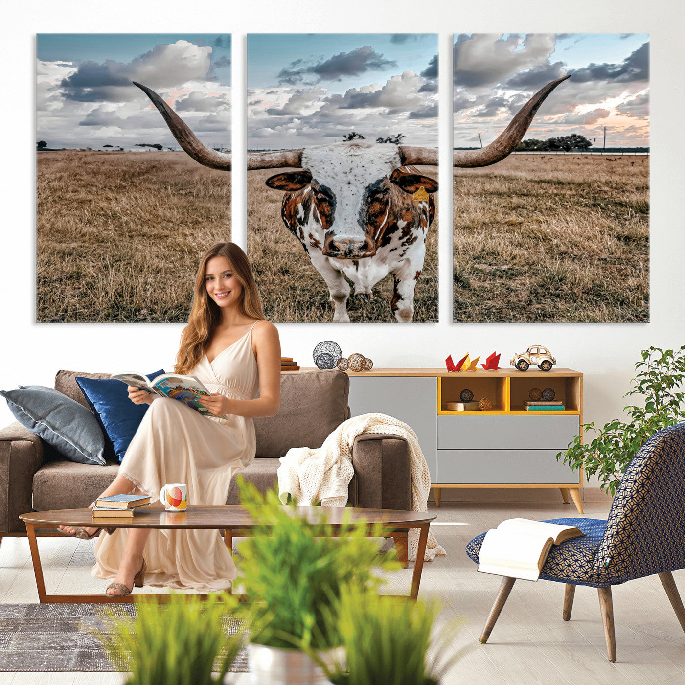 17464823-MGV-CV-36X24 - Texas Longhorn Canvas Wall Art Print - Western Cow Photography, Rustic Ranch Decor, Farmhouse Wall Art, Ready to Hang
