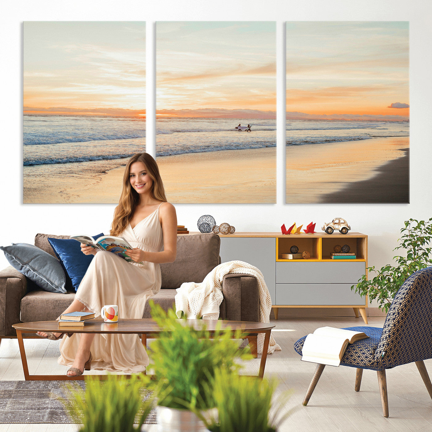 38131619-MGV-CV-36X24 - Beach Sunset Canvas Wall Art Print | Ocean Waves Landscape, Coastal Photography, Seascape Wall Decor, Ready to Hang