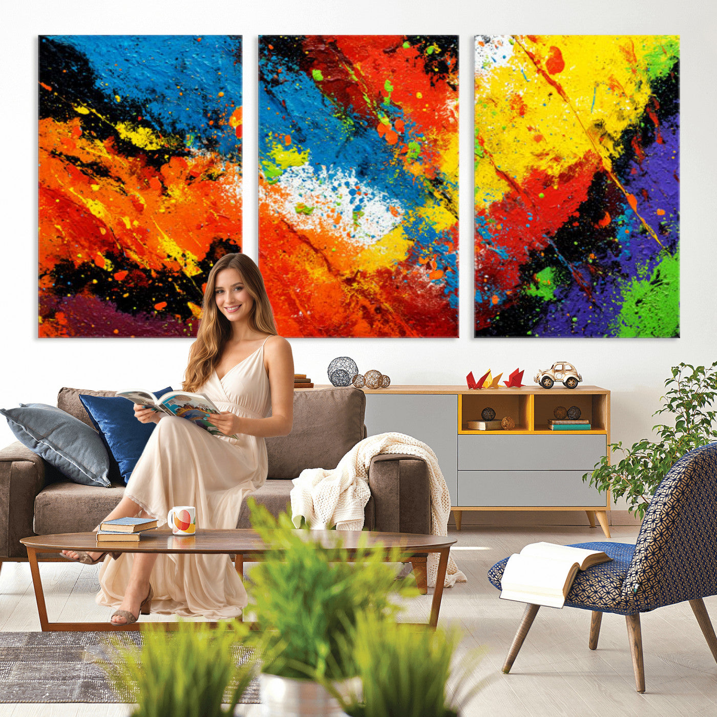 74888753-MGV-CV-36X24 - Vibrant Blue Abstract Canvas Wall Art Colorful Impasto Oil Painting Print