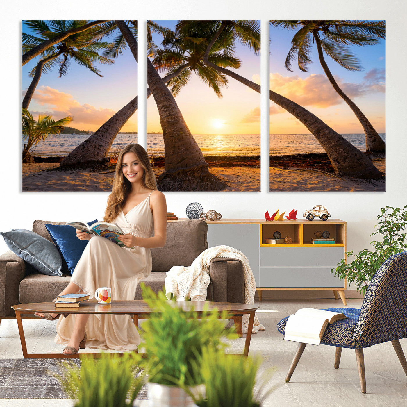 75123213-MGV-CV-36X24 - Tropical Island Coconut Palm Trees Sunset Wall Art Canvas Print - Turquoise Beach Print for Nautical Home Decor