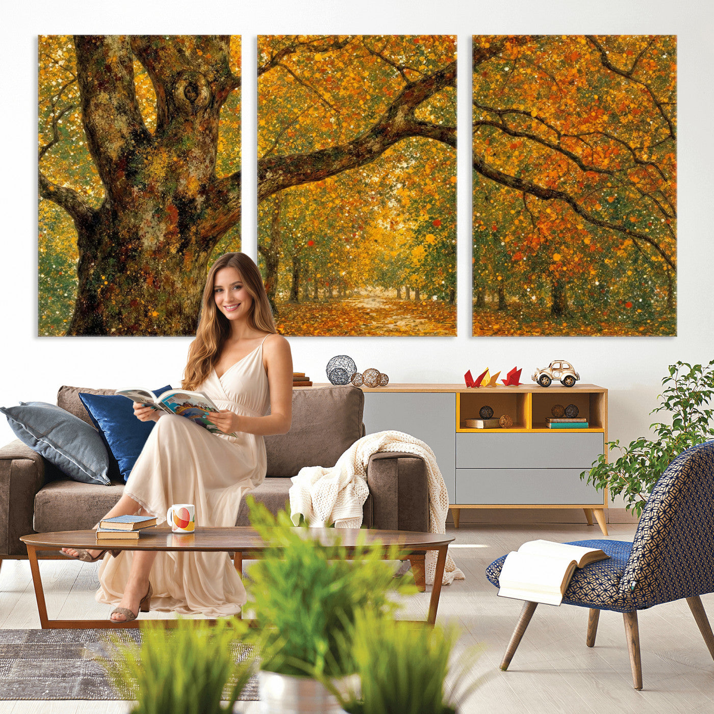 11536138-MGV-CV-36X24 - Vintage Autumn Forest Path Wall Art Canvas Print, Golden Leaves Impressionist Painting Print