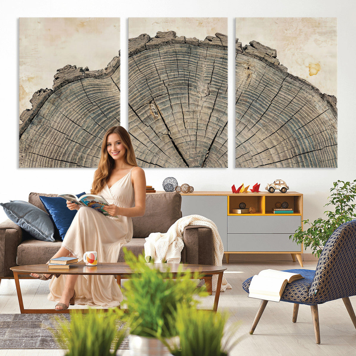 34201080-MGV-CV-60X30-3P - Tree Ring Canvas Wall Art in Neutral Earth Tones, Framed Wood Slice Print for Rustic and Japandi Interiors