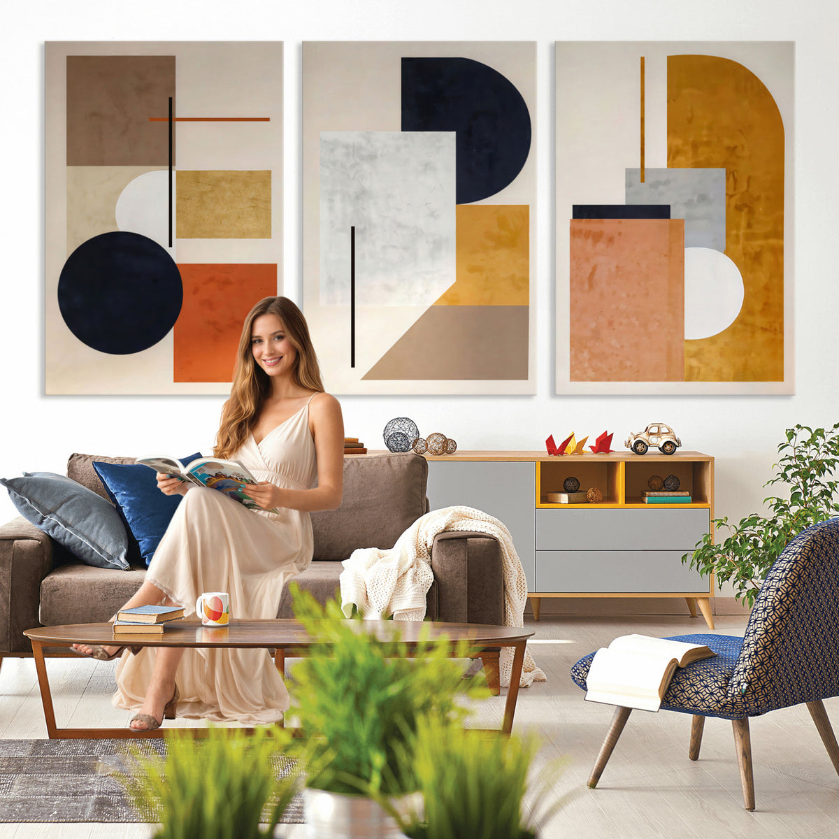 87361249-MGV-CV-48X32-3P - Mid Century Modern Geometric Canvas Wall Art, Abstract Triptych Print