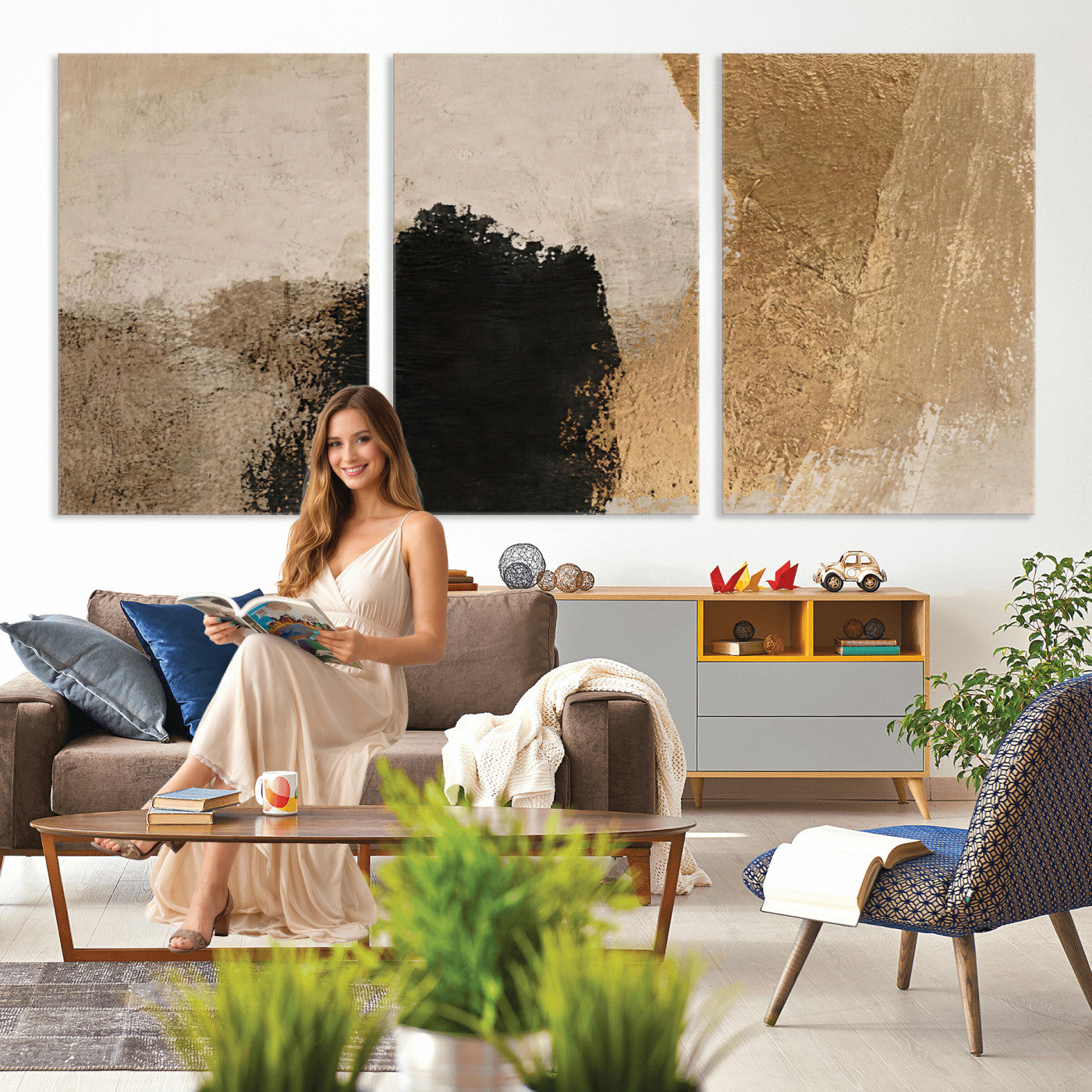 36003778-MGV-CV-48X32-3P - Mid Century Modern Geometric Canvas Wall Art, Abstract Triptych Print