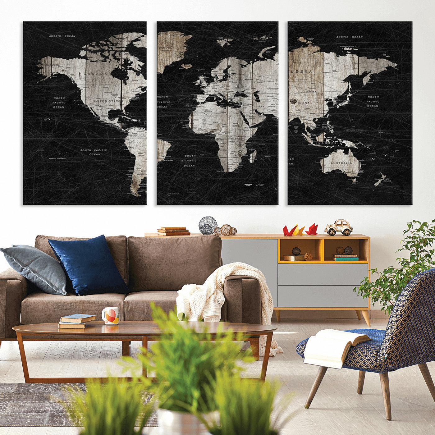 89998-MGV-CV-36X24-Rustic Black and Wood World Map Canvas Wall Art – Framed Push Pin Travel Map for Home and Office Decor, Modern Vintage Wall Artwork