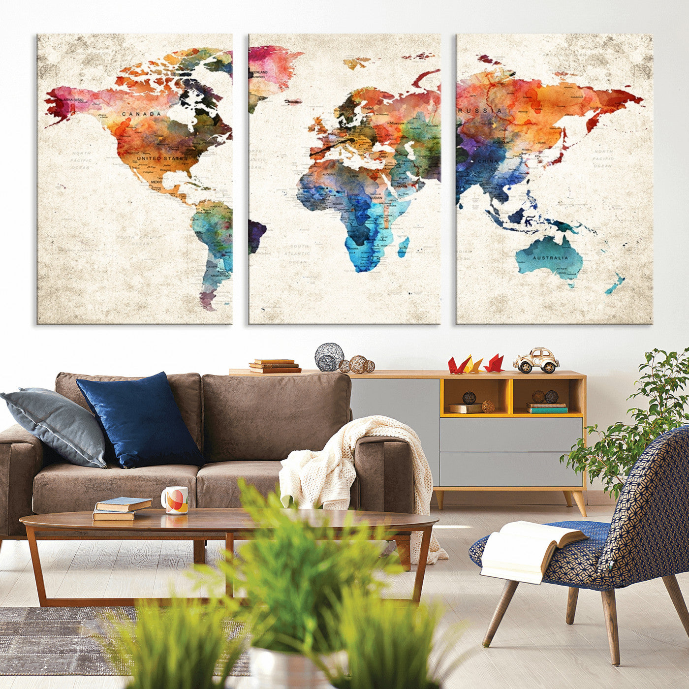 -Personalized World Map Canvas Print – Colorful Watercolor Push Pin Travel Map, Framed Wall Art for Home or Office Decor