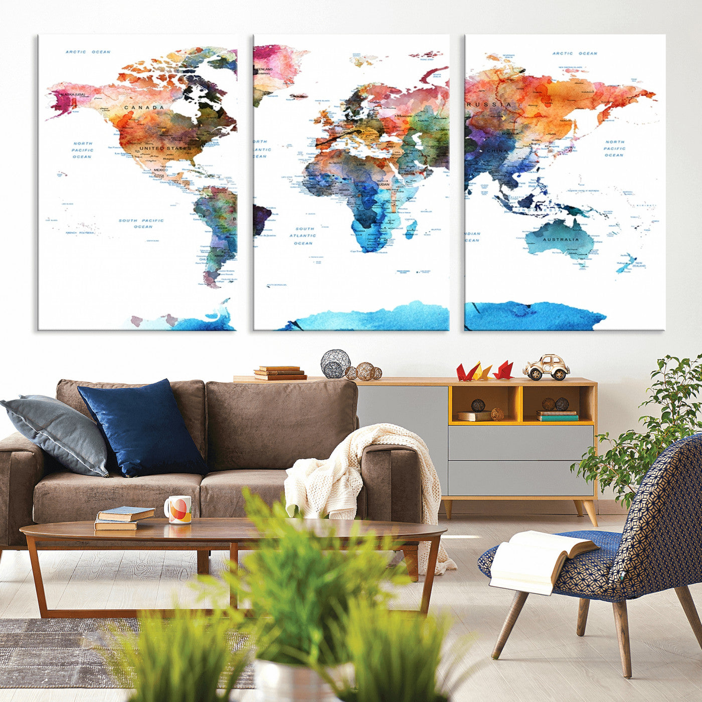 11576-MGV-CV-36X24-Vibrant Watercolor World Map Canvas Wall Art – Framed Push Pin Travel Map for Home and Office Decor, Modern Colorful Wall Artwork