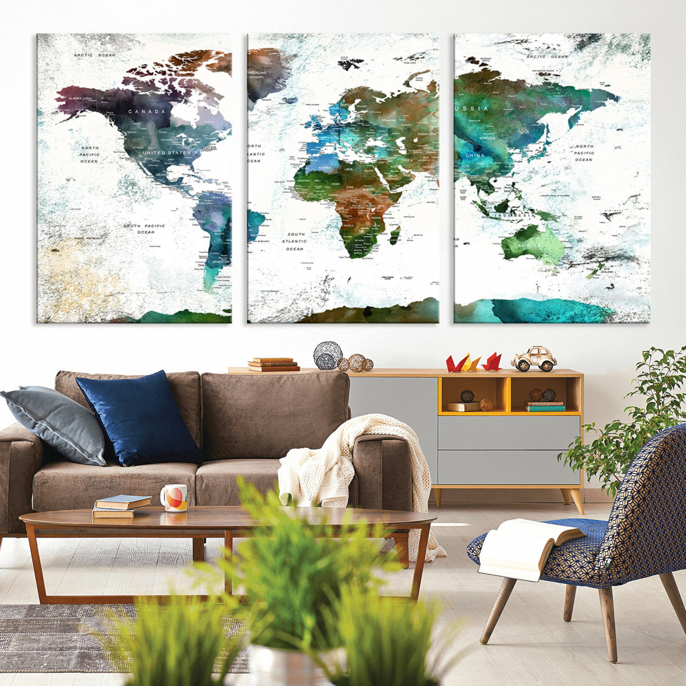 -Modern Watercolor World Map Canvas Wall Art – Framed Abstract Map Print, Contemporary Travel Artwork for Elegant Home and Office Decor