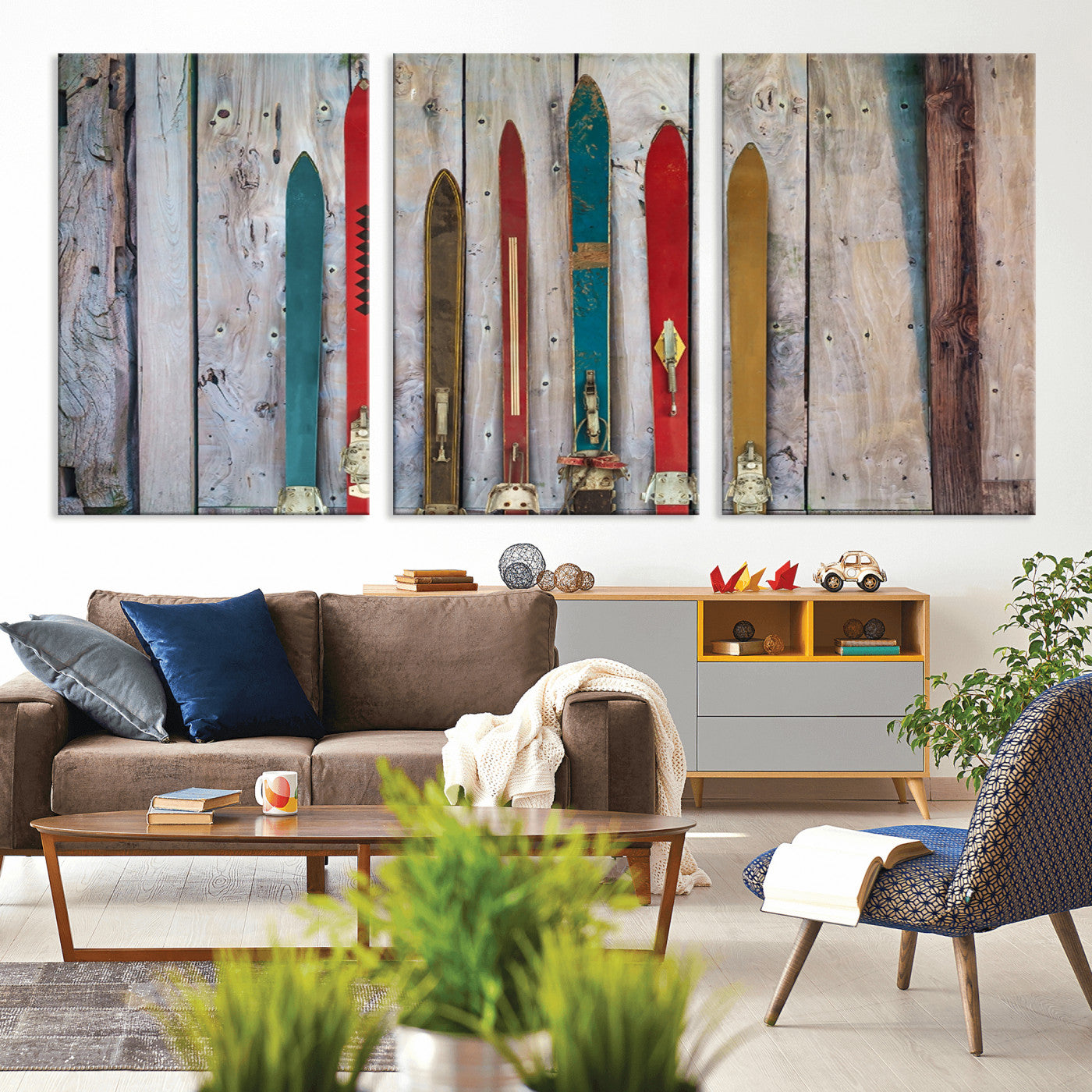 -Vintage Wooden Weathered Ski's in Front of an Old Barn Wall Art Canvas Print for Farmhouse, Cabin