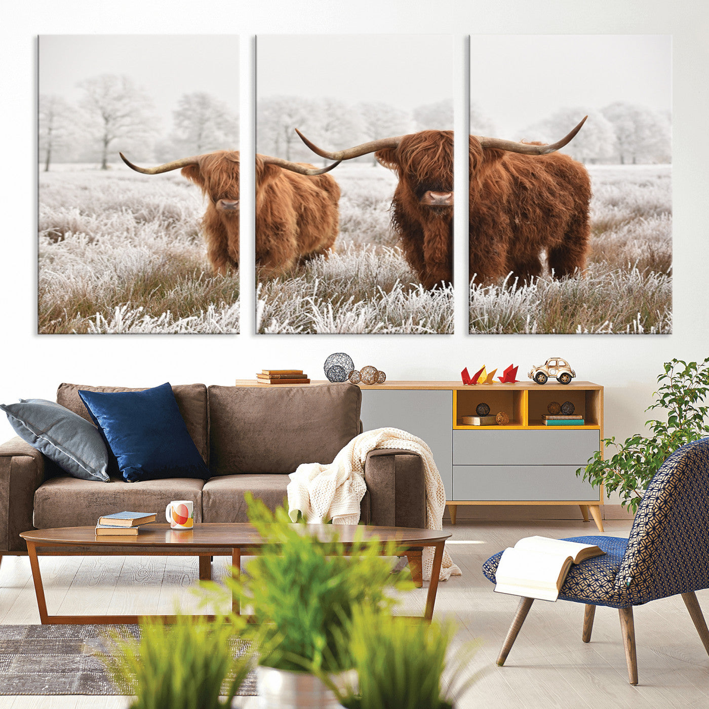 -Longhorn Cattle Wall Art Canvas Print, Framed Farmhouse Style Art Picture Print, Rustic Cow Perfect Rustic Farmhouse Decor Artwork