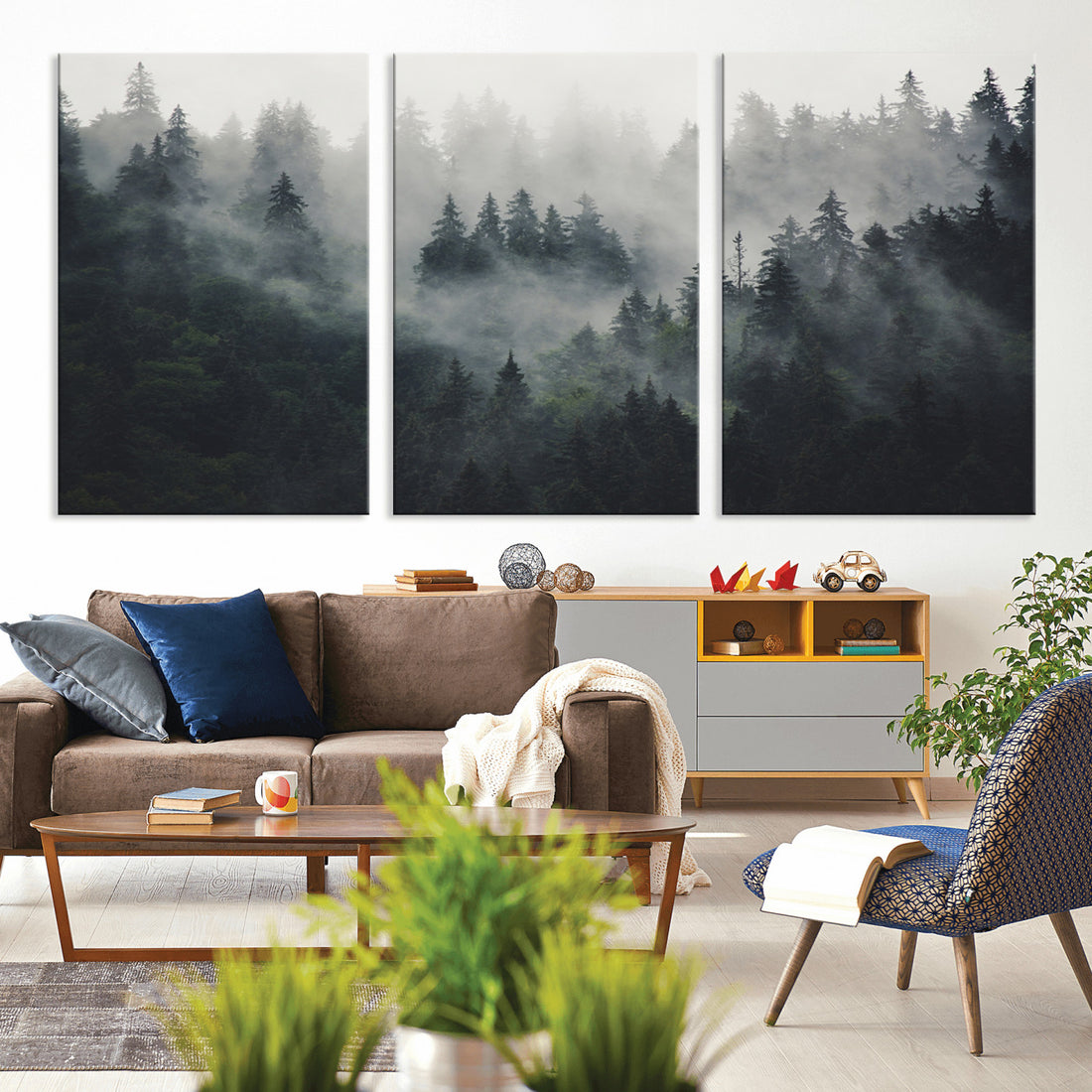 Nature Wall Decor, Misty Forest Canvas Wall Art | Serene Triptych Woodland Landscape Print
