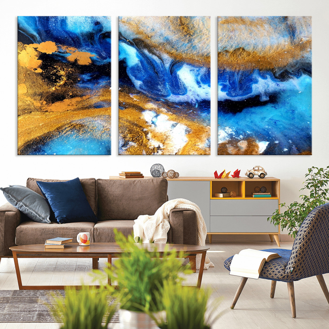 42100-MGV-CV-36X24-Blue Orange Marble Fluid Effect Canvas Wall Art Print