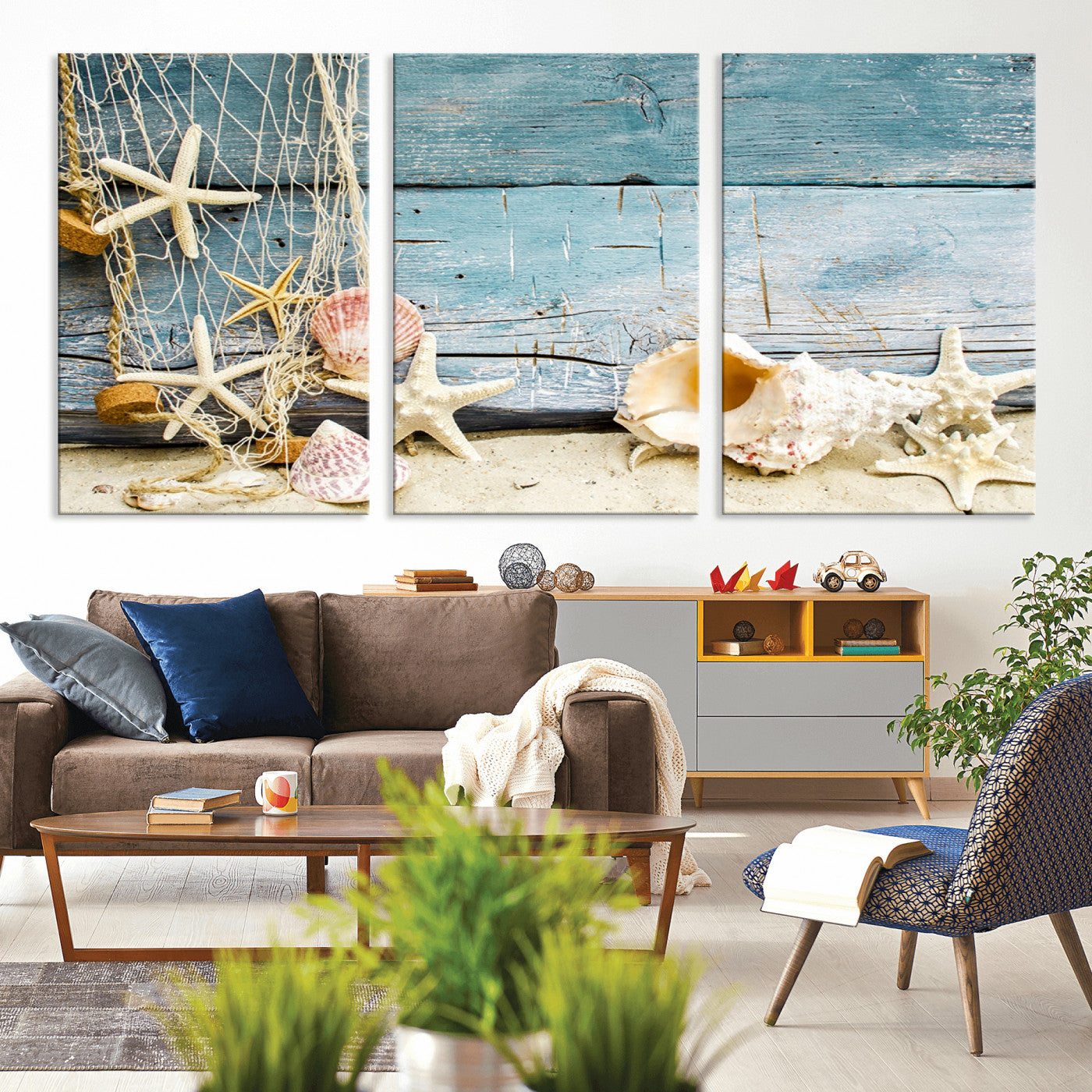 -Seashells on Rustic Wooden Background, Seashells Wall Art Canvas Print
