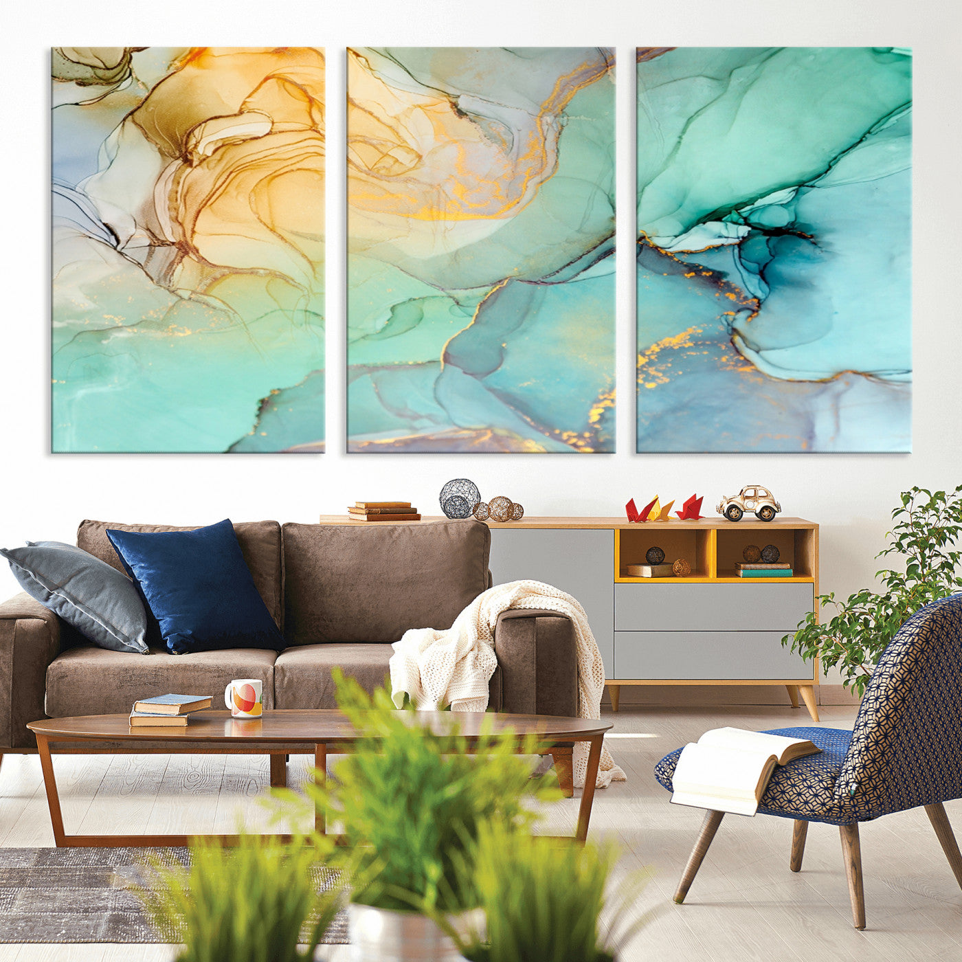 84233-MGV-CV-36X24-Abstract Aqua and Gold Fluid Wall Art Canvas | 3 Panel Large Canvas Print for Living Room, Office,