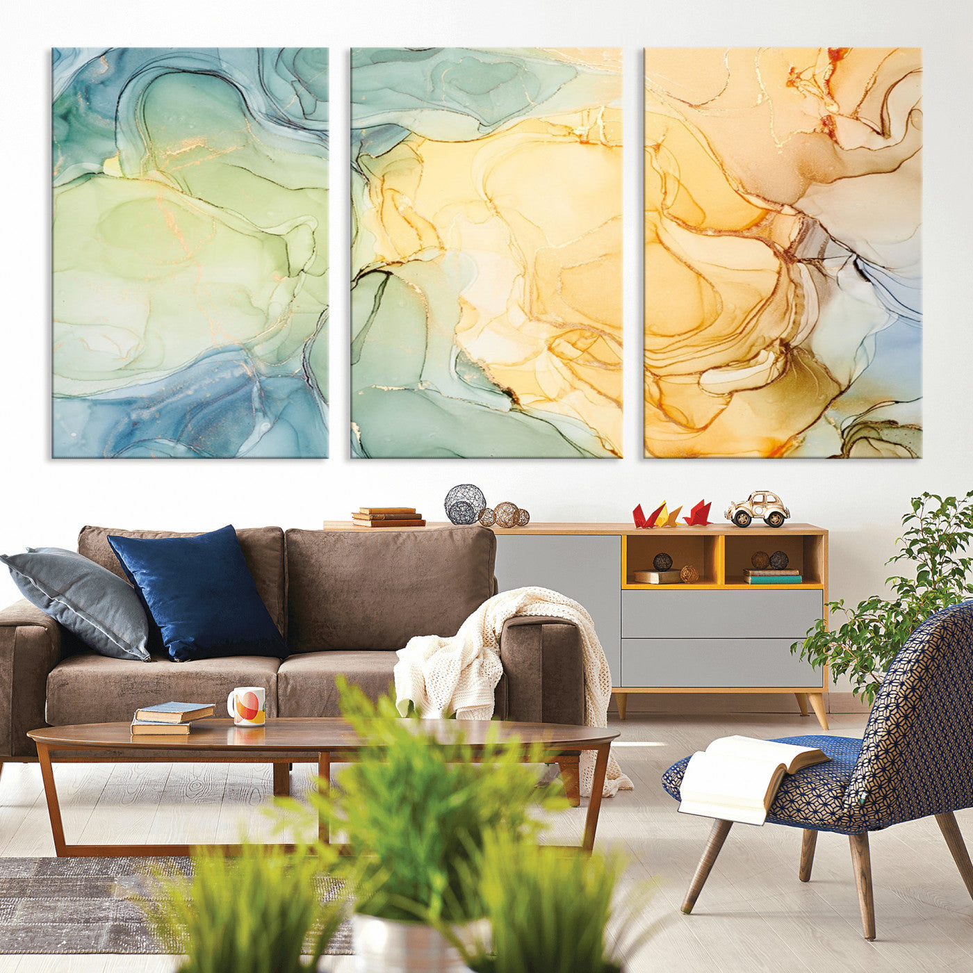 42195-MGV-CV-36X24-Green and Yellow Marble Fluid Effect Wall Art, Green and Yellow Marble Canvas Wall Art Print