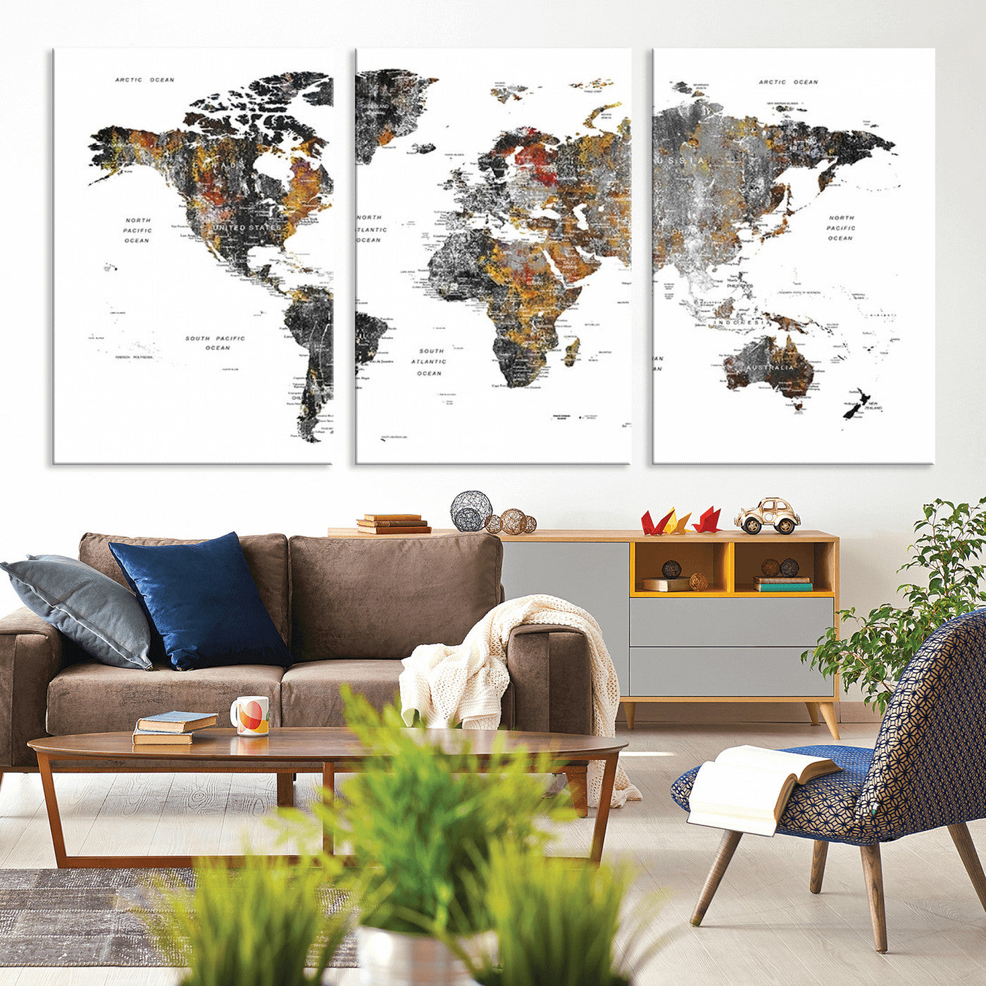 -Modern Metallic World Map Canvas Wall Art – Framed Contemporary World Map Print, Stylish Travel Inspired Decor for Home and Office Walls
