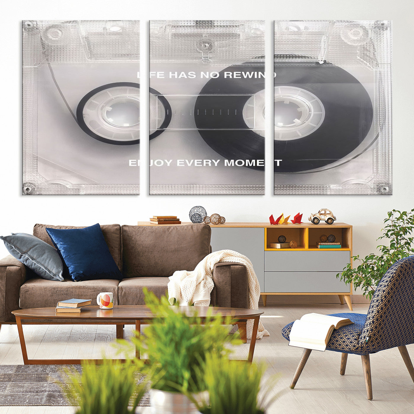 -Vintage Cassette Tape Canvas Wall Art - Inspirational 'Life Has No Rewind' Quote, Retro Music Decor