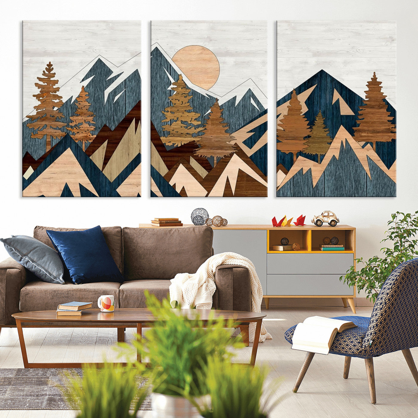 91467-MGV-CV-36X24-Abstract Wood Panel Effect Mountain Range Top Wall Art Canvas Print