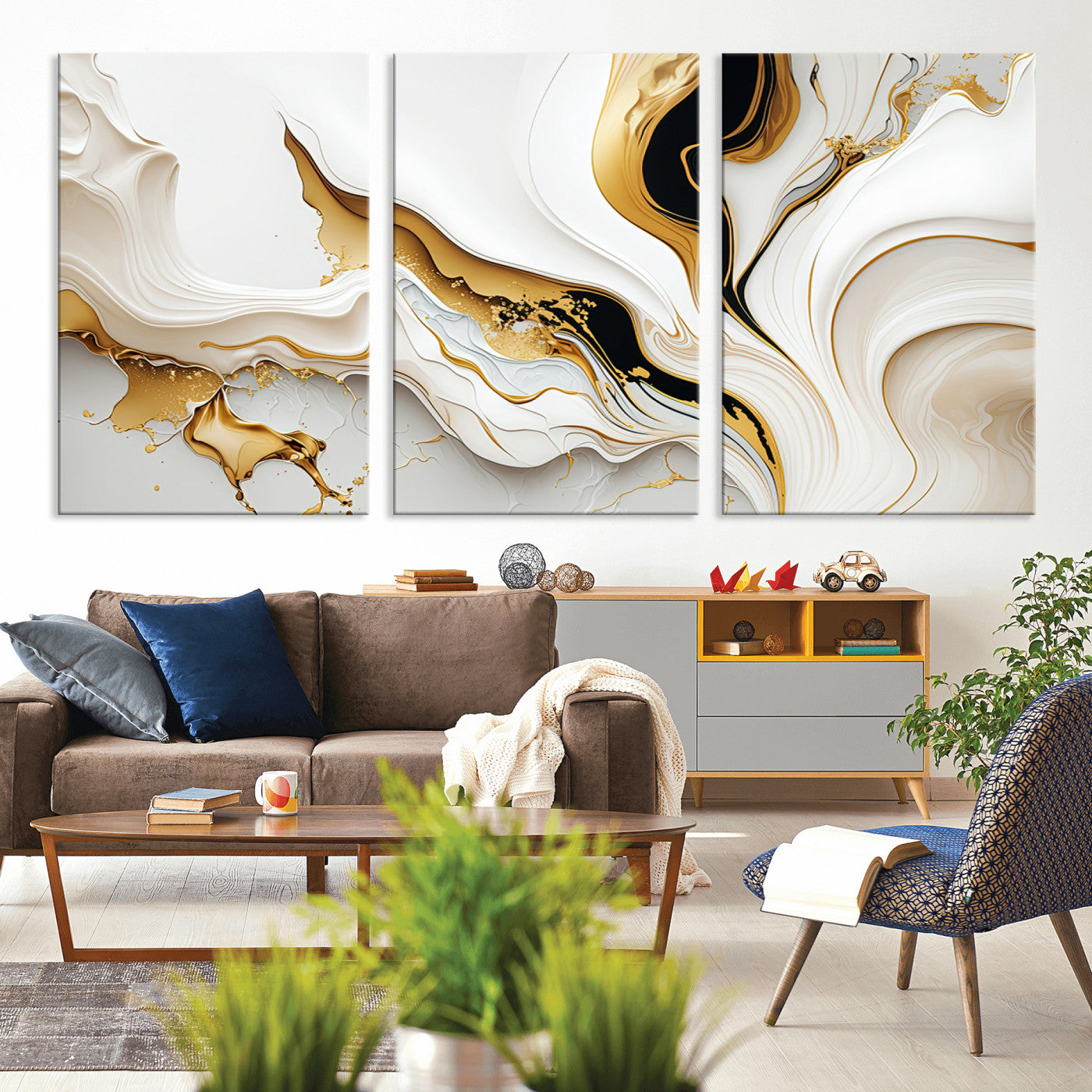 98637-MGV-CV-36X24-Gold Waves on Pure White Canvas – Gold Abstract Art for Modern Interiors | Wall Art Canvas, Framed &
