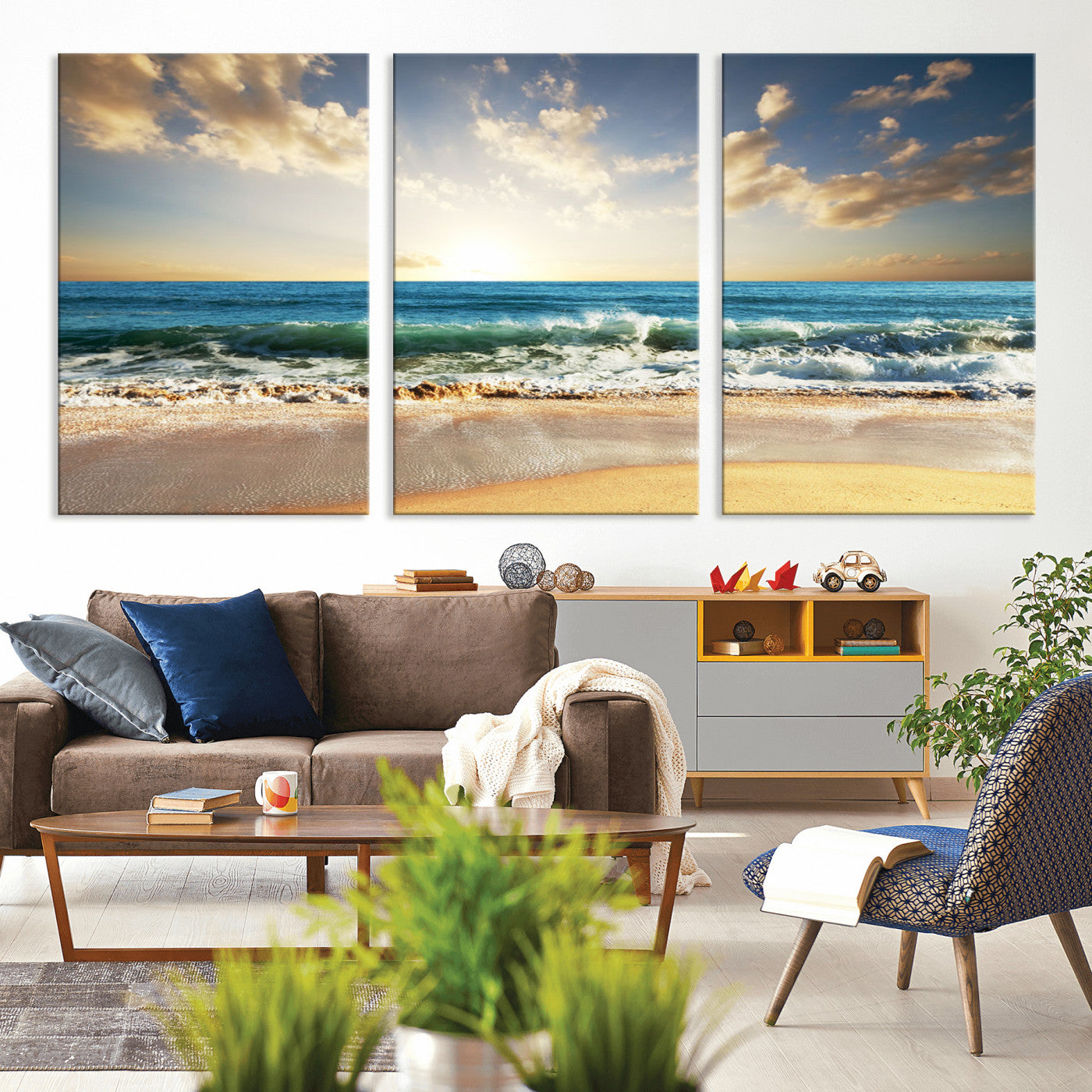 83376-MGV-CV-36X24-Golden Sunset Beach Triptych Canvas Wall Art for Living Room – 3-Panel Ocean View, Framed & Ready to