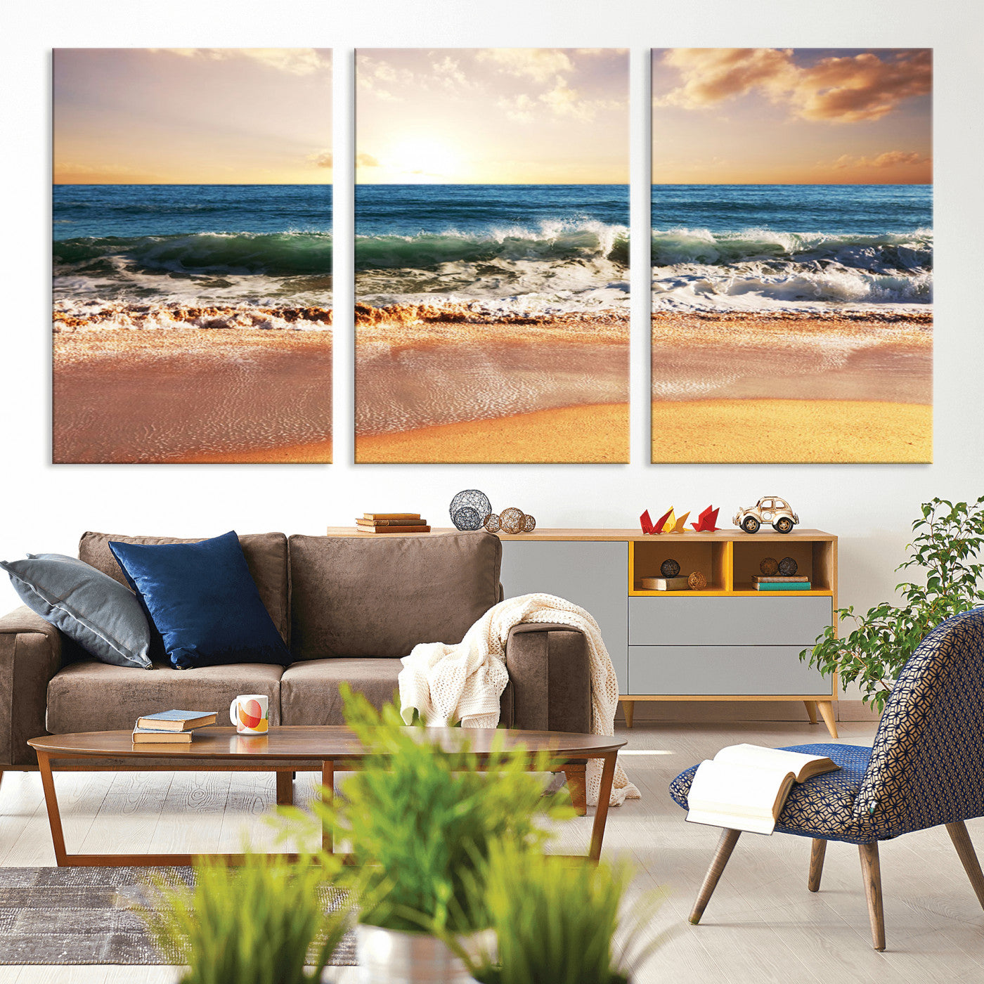 42011-MGV-CV-36X24-Sunset Beach Wall Art - 3-Panel Framed Canvas Print, Ready to Hang Ocean Sunset for Coastal and