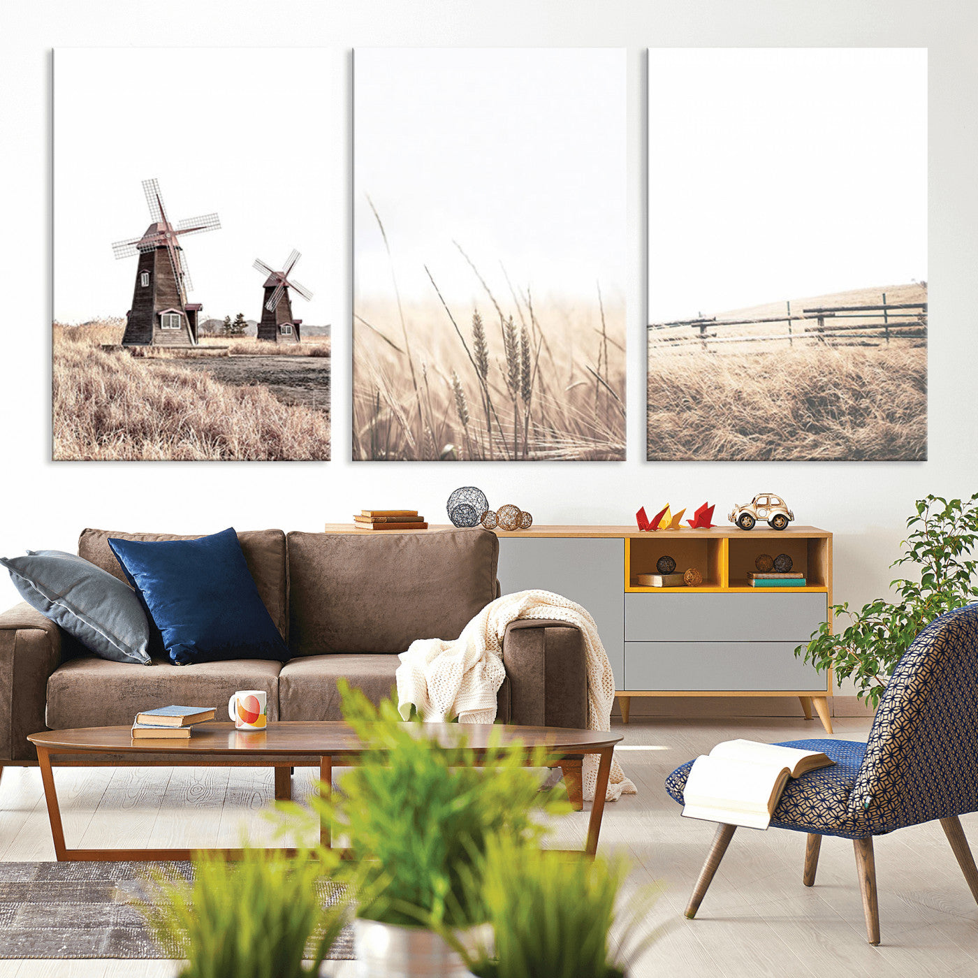 56649-MGV-CV-36X24-Farm Prints Set, Set of 3 Farmhouse Wall Art, Country House Decor, Barn Print, Wheat Print,