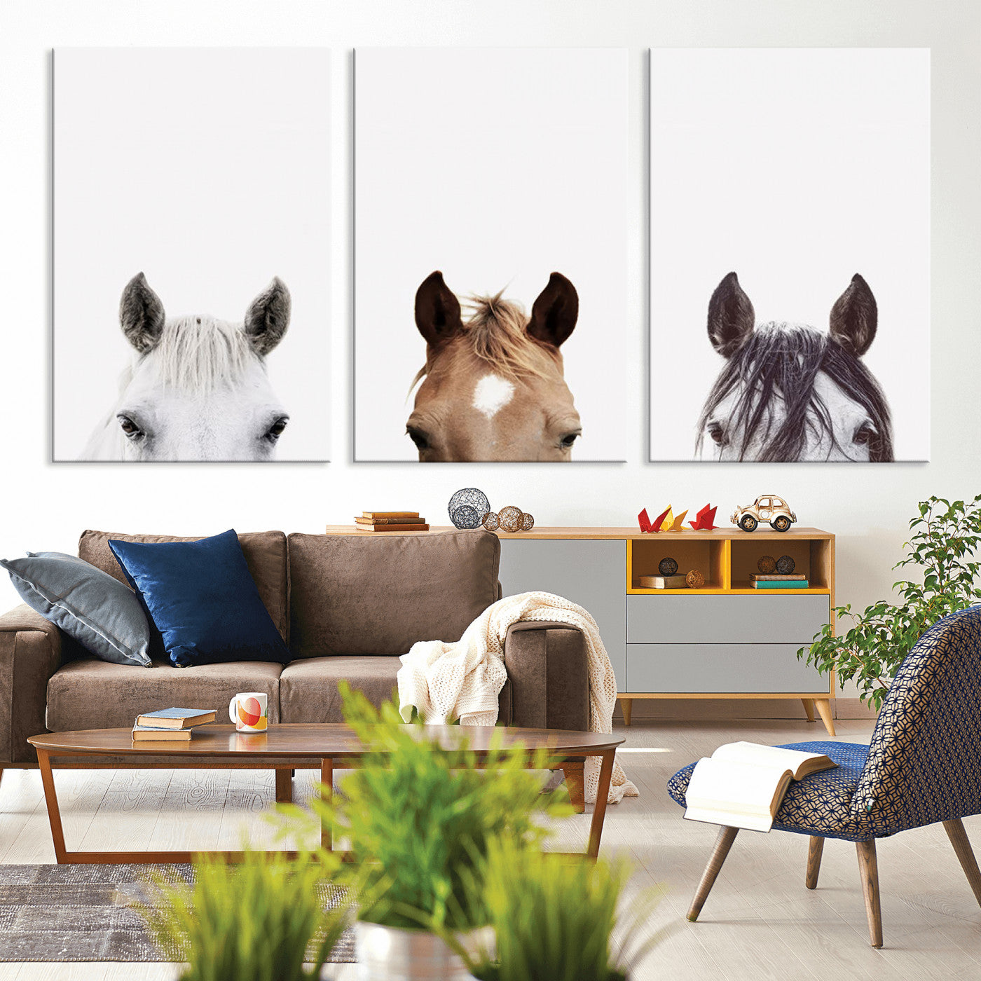 59160-MGV-CV-60X30-3P-Horse Prints Set, Set of 3 Horse Wall Art, Horses Portraits, Farmhouse Wall Art, Farm Animals