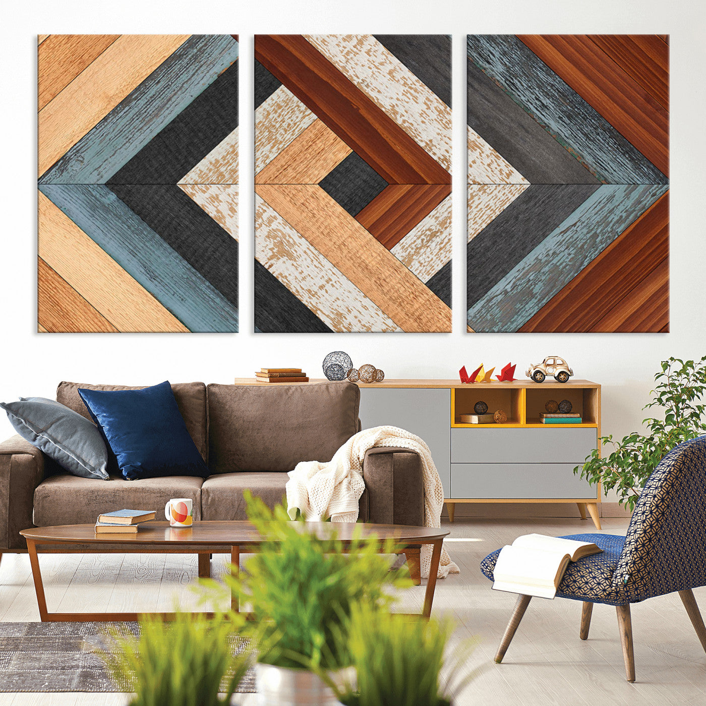 20897-MGV-CV-36X24-Geometric Wood Art Wall Decor Canvas Print, Rustic Wooden Pattern Triptych Wall Art for Living Room