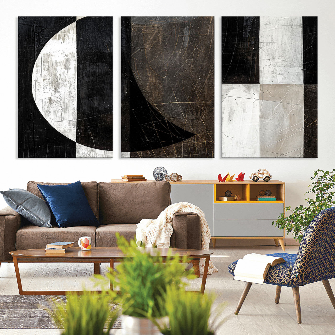 47880-MGV-CV-60X30-3P - Abstract Modern Wabi Sabi Wall Art Canvas Print Set – Minimalist Mid-Century Contemporary Artwork for Home, Office