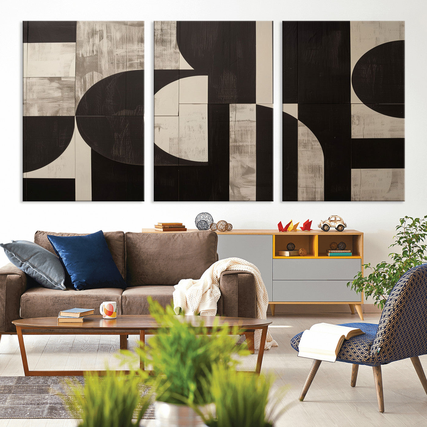 63644-MGV-CV-60X30-3P - Abstract Brown Wabi Sabi Canvas Print Set – Minimalist Mid-Century Wall Art Contemporary Artwork for Home, Office