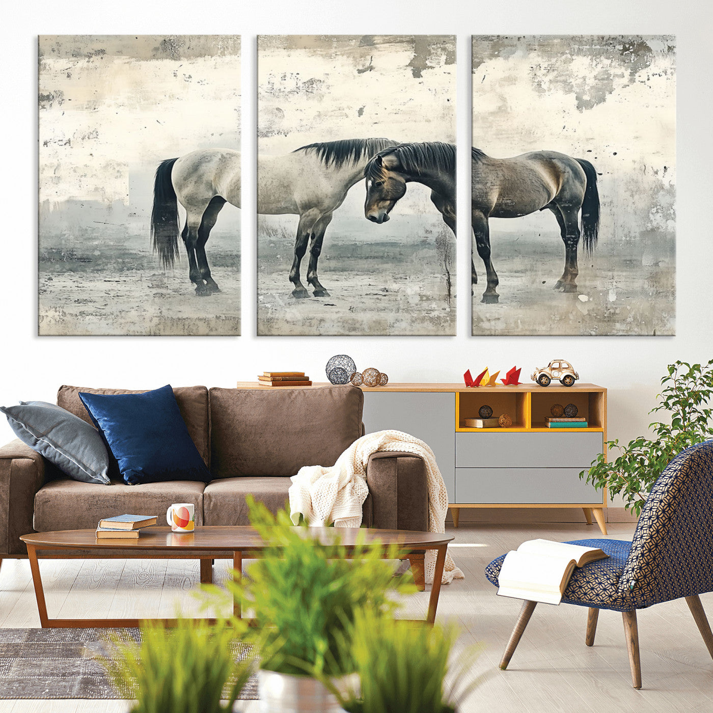 -Chines Style Majestic Horses Wall Art | Ready to Hang and Framed Triptych Print | Western Farmhouse