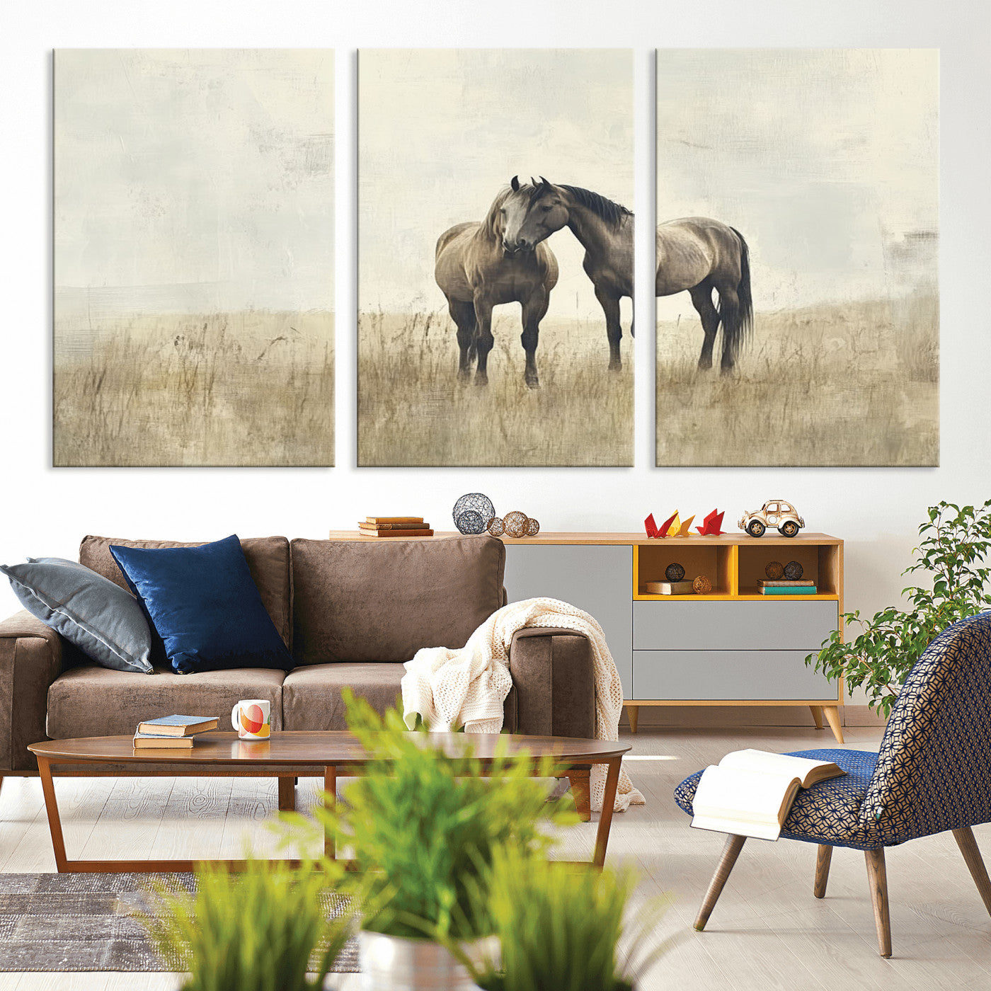 -Chines Style Grunge Horses Wall Art Canvas Print