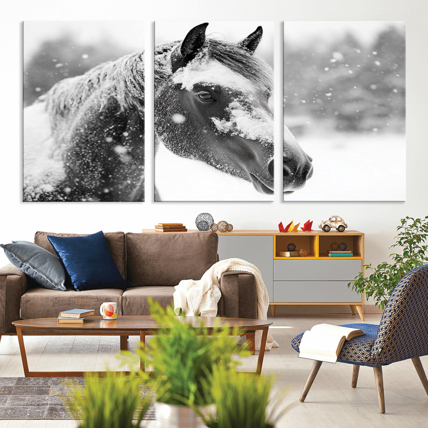 13358-MGV-CV-36X24-Black Horse Winter Wall Art | Ready to Hang and Framed | Farmhouse and Western Wall Decor for Living Room