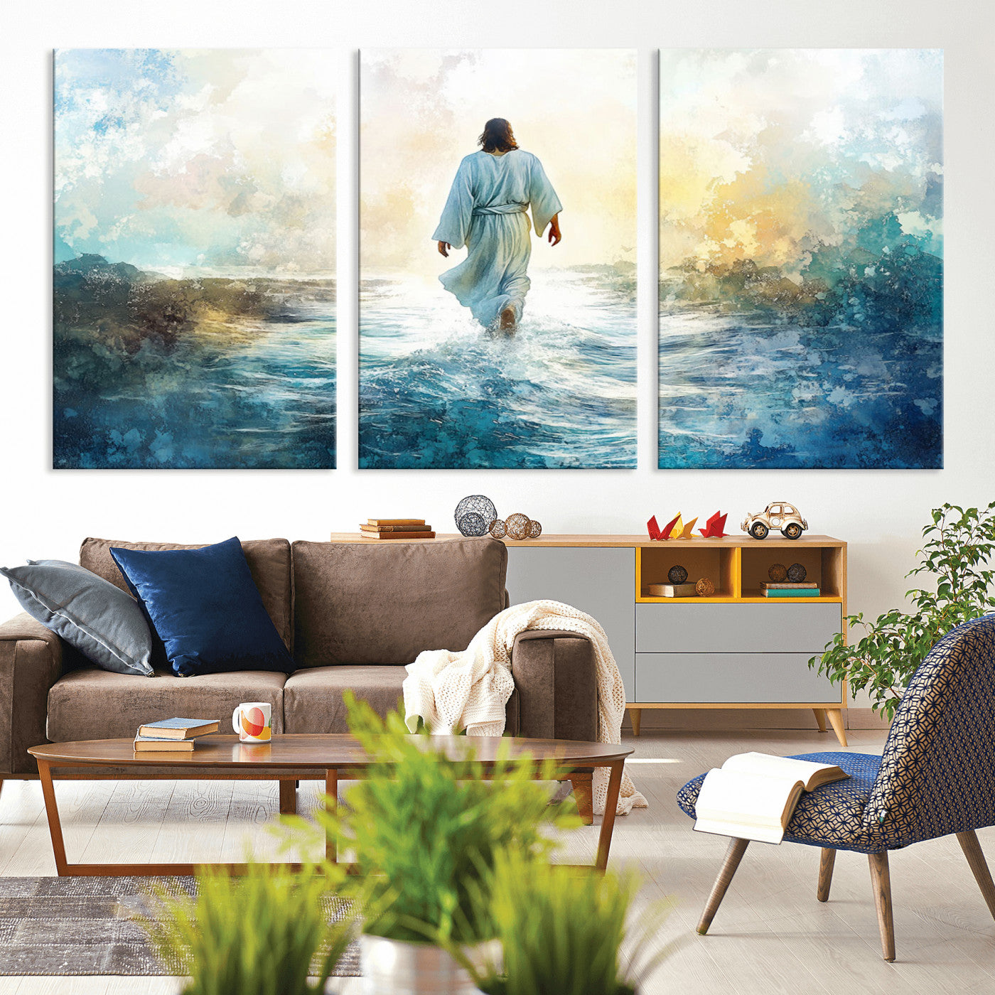 -Watercolor Jesus Walking on Water Canvas Print, Christian Wall Art, Jesus Christ Walking