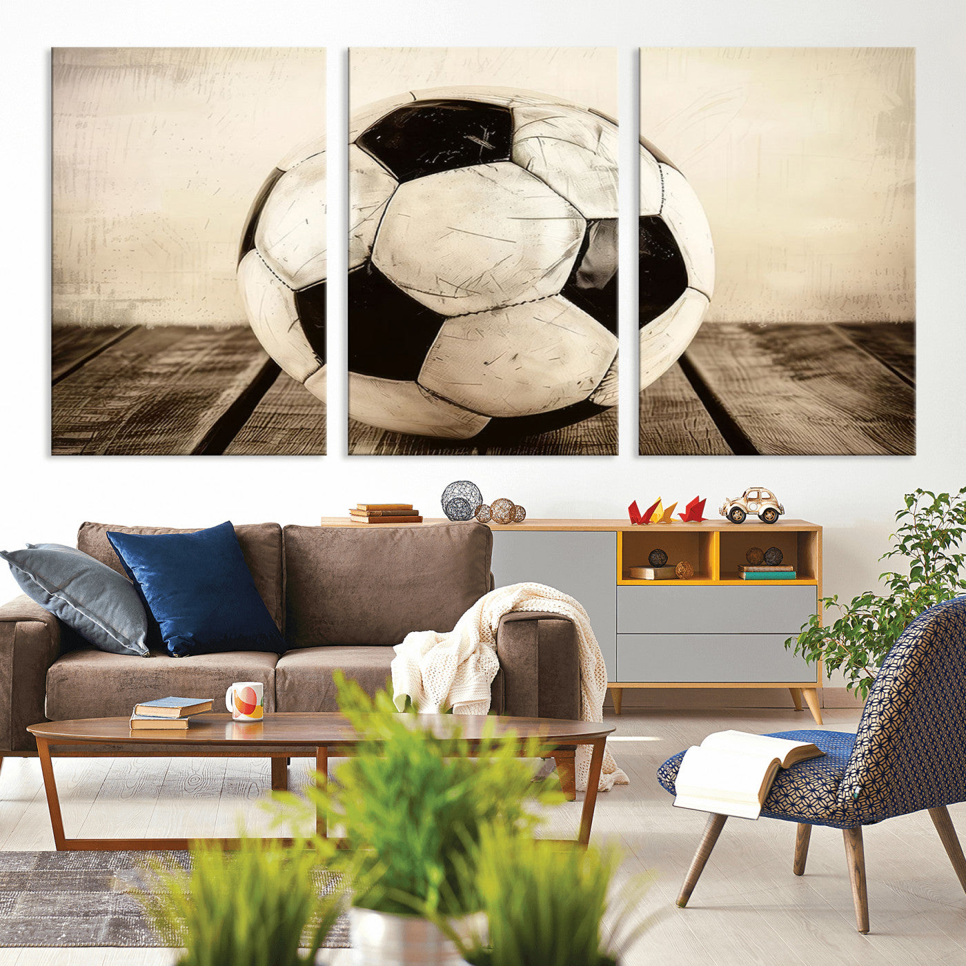 -Vintage Soccer Ball Wall Decor Canvas Art – 3-Panel Soccer Wall Decor, Framed and Ready to Hang