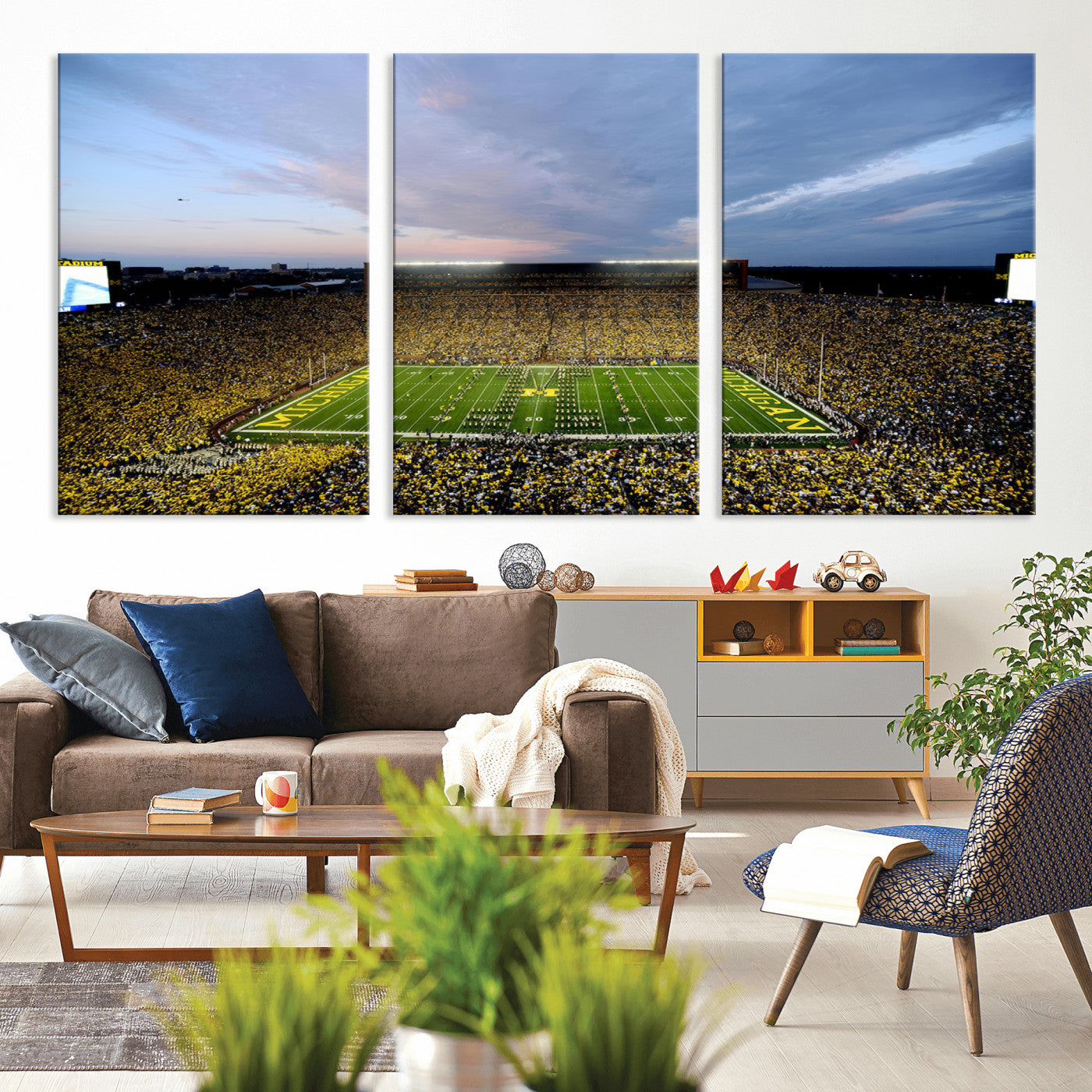 82641-MGV-CV-36X24 - Michigan Stadium Wall Art Canvas Print, Vibrant Game Day Crowd and Sunset Sky Football Field Artwork for Home, Office