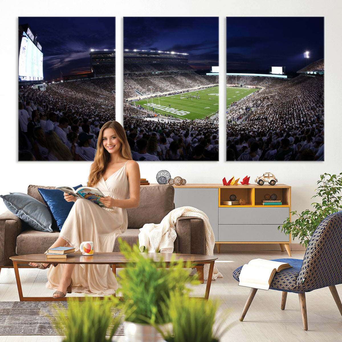 75193-PAN-FL-20X10 - Michigan State Spartans Canvas, Framed Football Team Print - East Lansing Spartan Stadium Wall Art