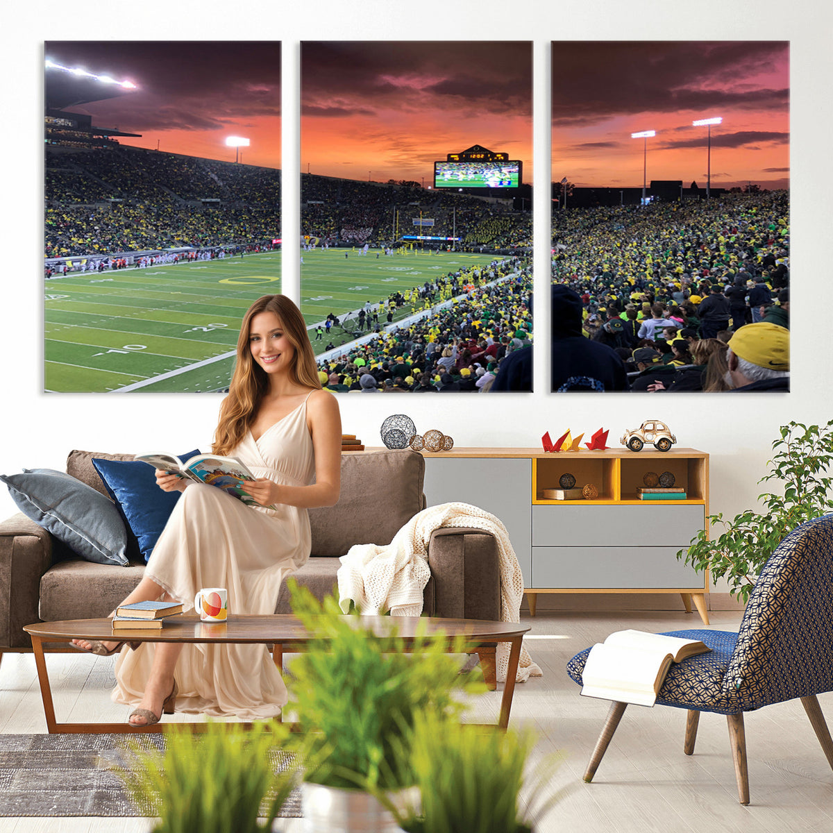 75065-PAN-FL-20X10 - Eugene Autzen Stadium Canvas Wall Art Print – Sunset Over Iconic Football Field Wall Decor for Home