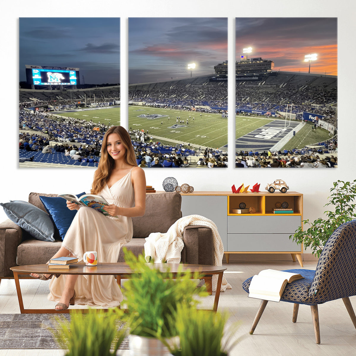 64409-PAN-FL-20X10 - Memphis Tigers Football Team Print - Memphis Simmons Bank Liberty Stadium Wall Art Canvas Print