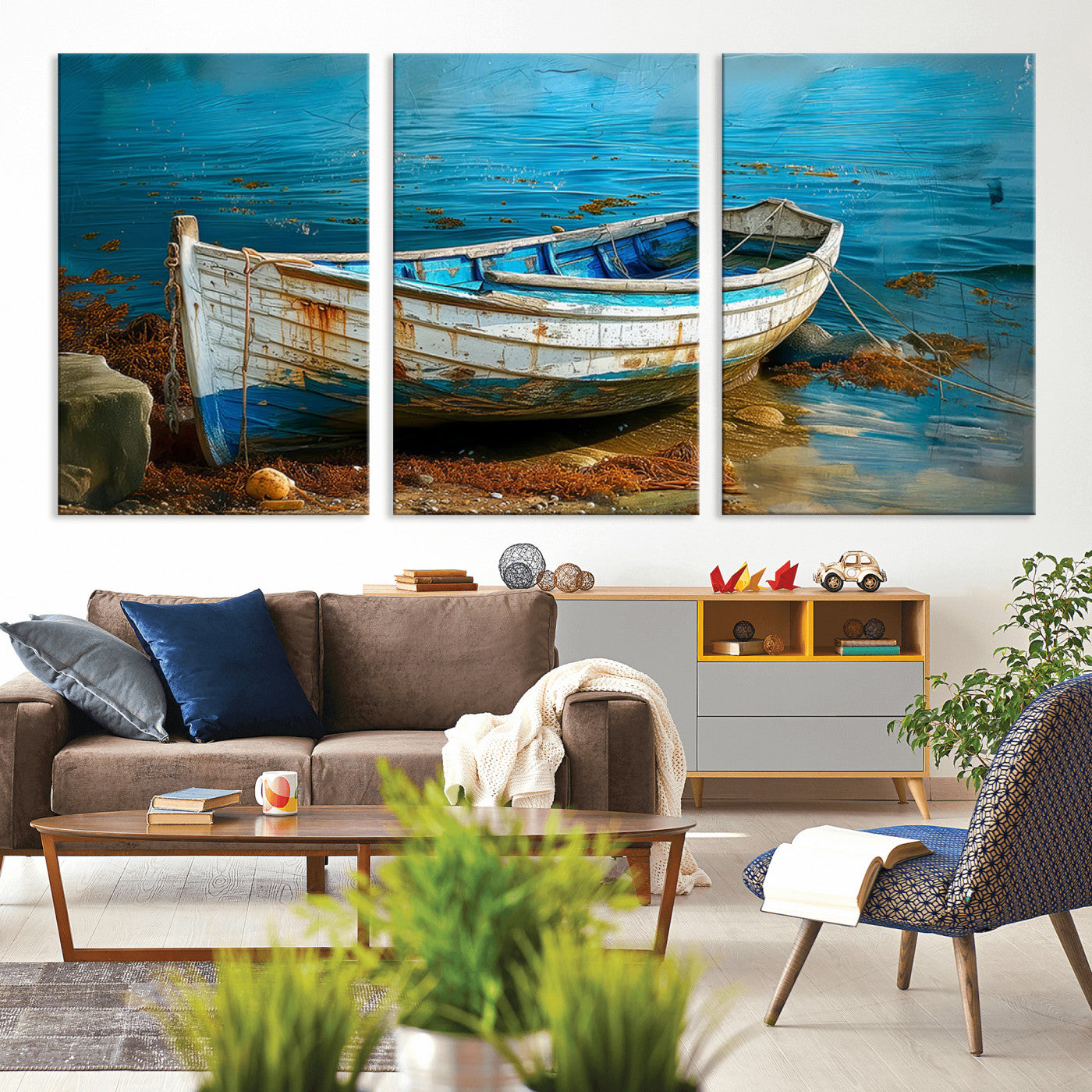 54716-MGV-CV-36X24-Vintage Boat on Tranquil Waters | Coastal Wall Art for Nautical Decor | Rustic Triptych Canvas Print