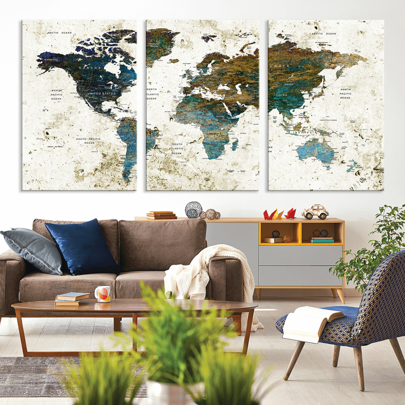 89176-MGV-CV-36X24-Vintage Blue and Brown World Map Canvas Wall Art – Framed Rustic Map Print, Earth Tone Travel Decor for Stylish Home and Office Walls