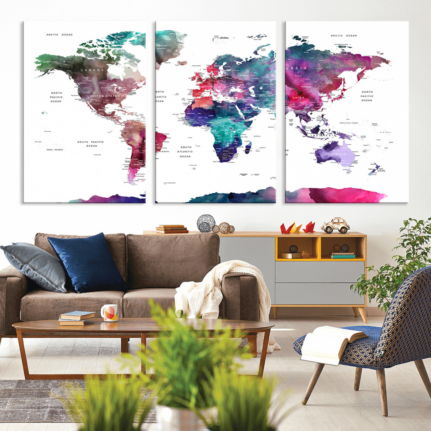 78176-MGV-CV-36X24-Colorful Watercolor World Map Canvas Wall Art – Framed Modern Map Print, Vibrant Travel Inspired Artwork for Home and Office Decor