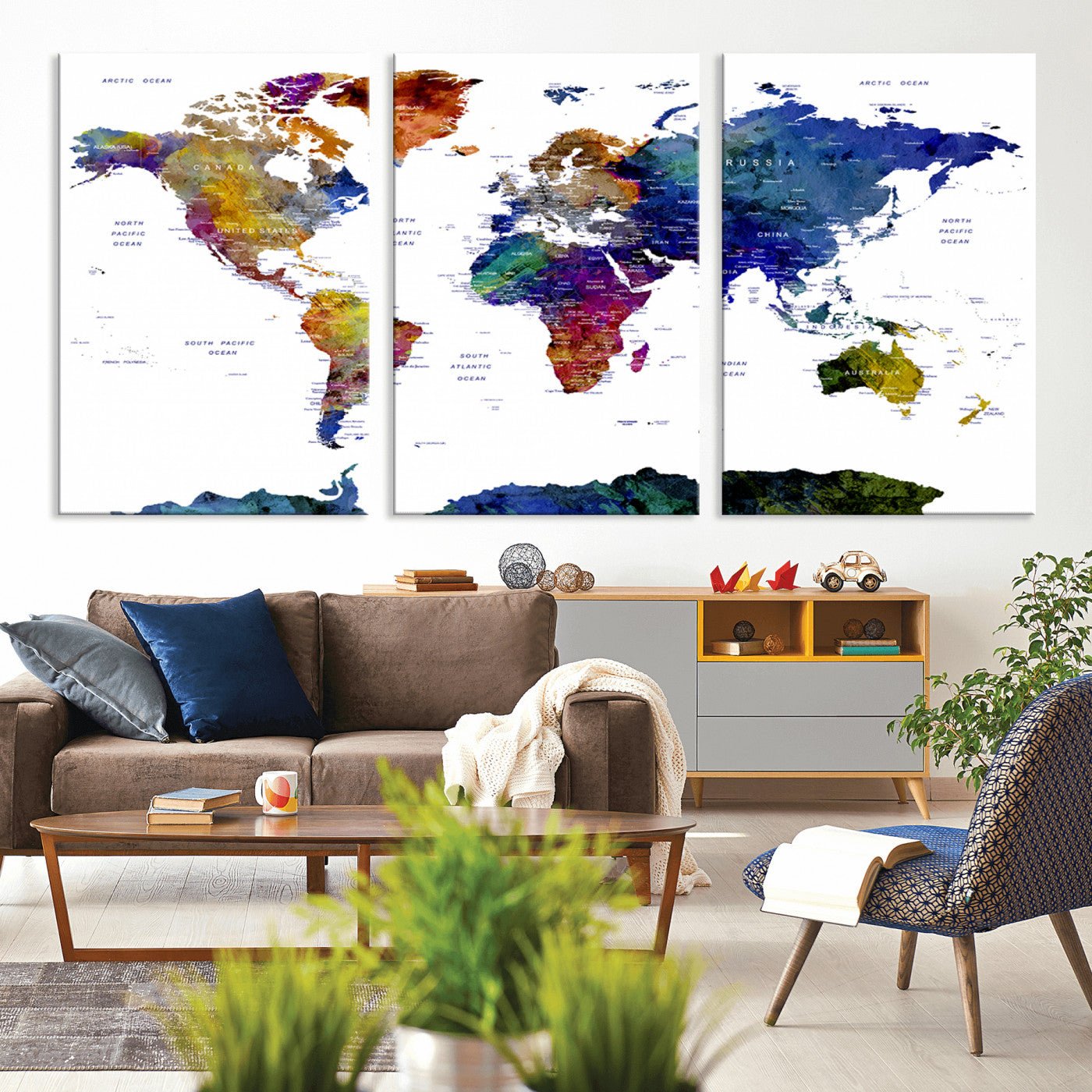 90446-MGV-CV-36X24-Colorful Watercolor World Map Canvas Wall Art – Framed Modern Push Pin Travel Map for Home and Office Decor